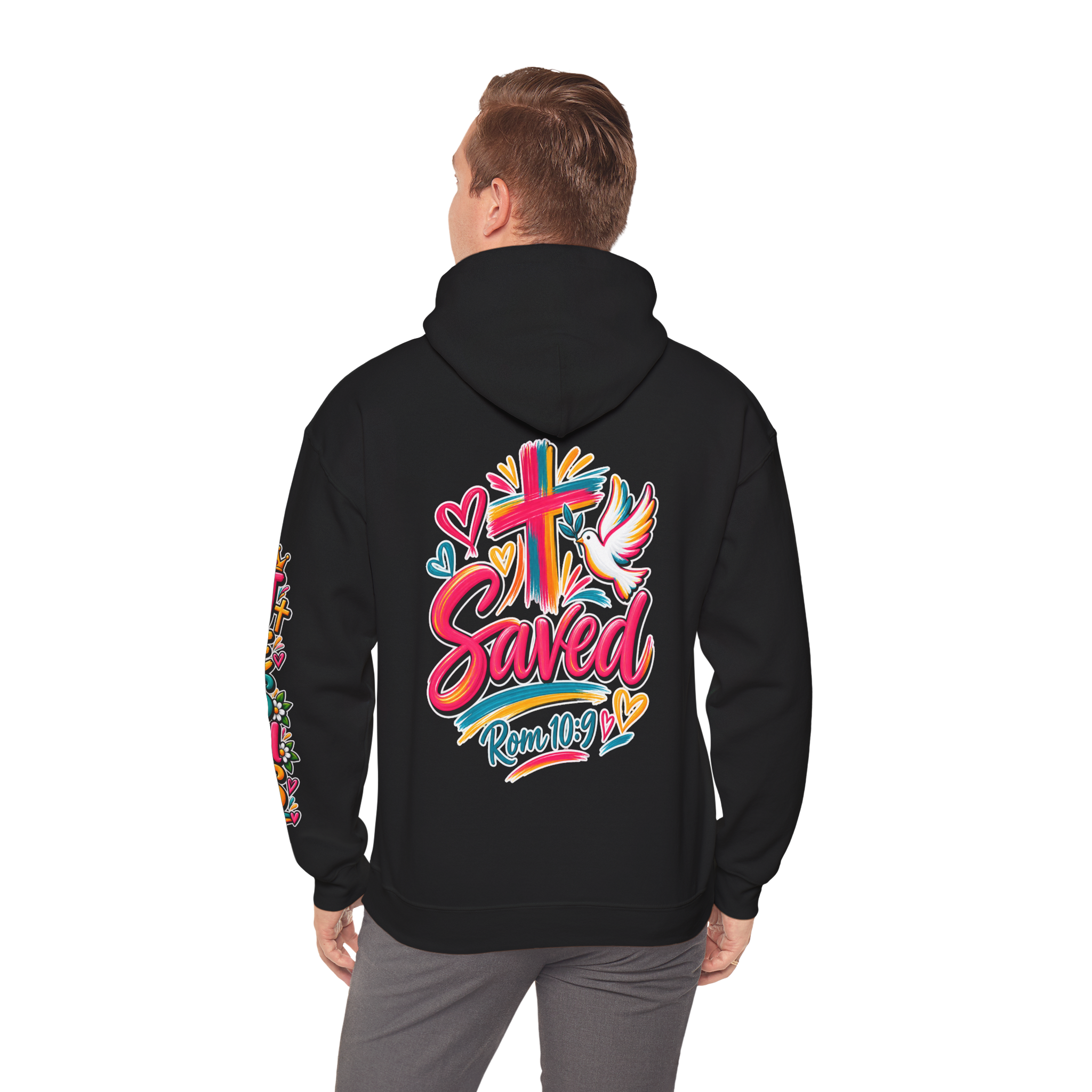 Black Unisex colorful hoodie featuring bright floral artwork, a cross, a dove holding an olive branch, and the word 'Saved' with 'Rom 10:9'.
