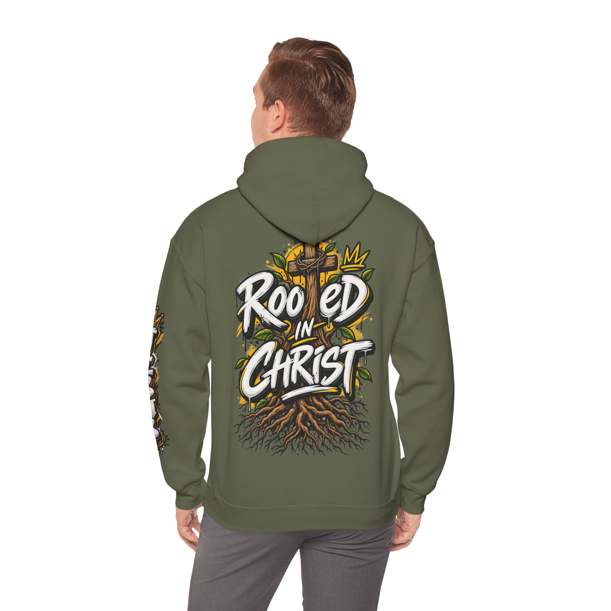 Unisex black hoodie featuring a vibrant graffiti-style 'Rooted in Christ' design with a cross, tree roots, and a crown.