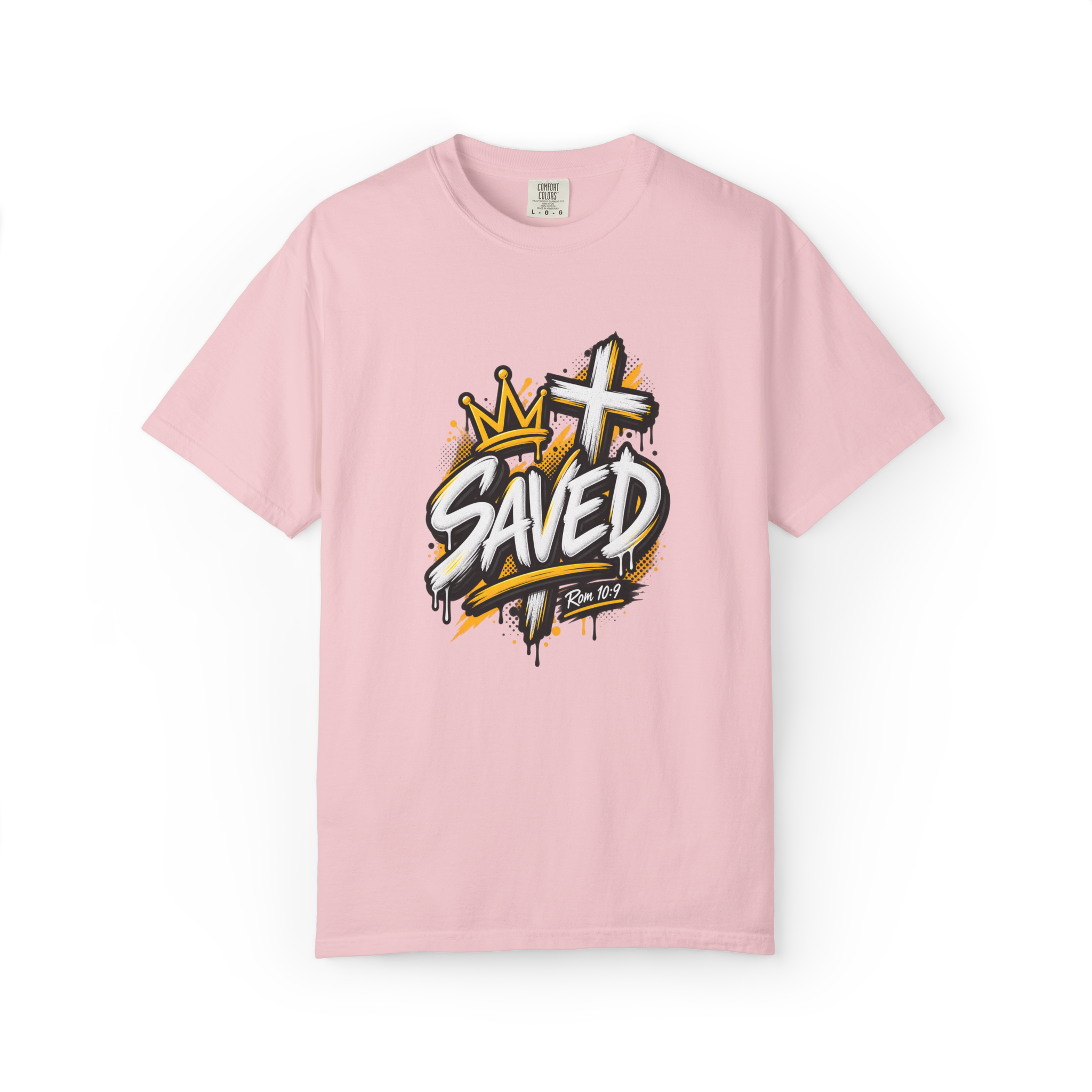 Light Pink Unisex black and yellow streetwear t-shirt featuring bold graffiti lettering that reads 'SAVED', a crown, a cross, and 'Rom 10:9'.