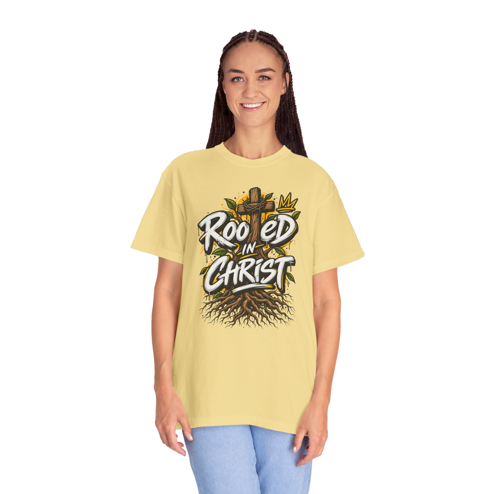 Unisex t-shirt featuring a vibrant graffiti-style 'Rooted in Christ' design with a cross, tree roots, and a crown.