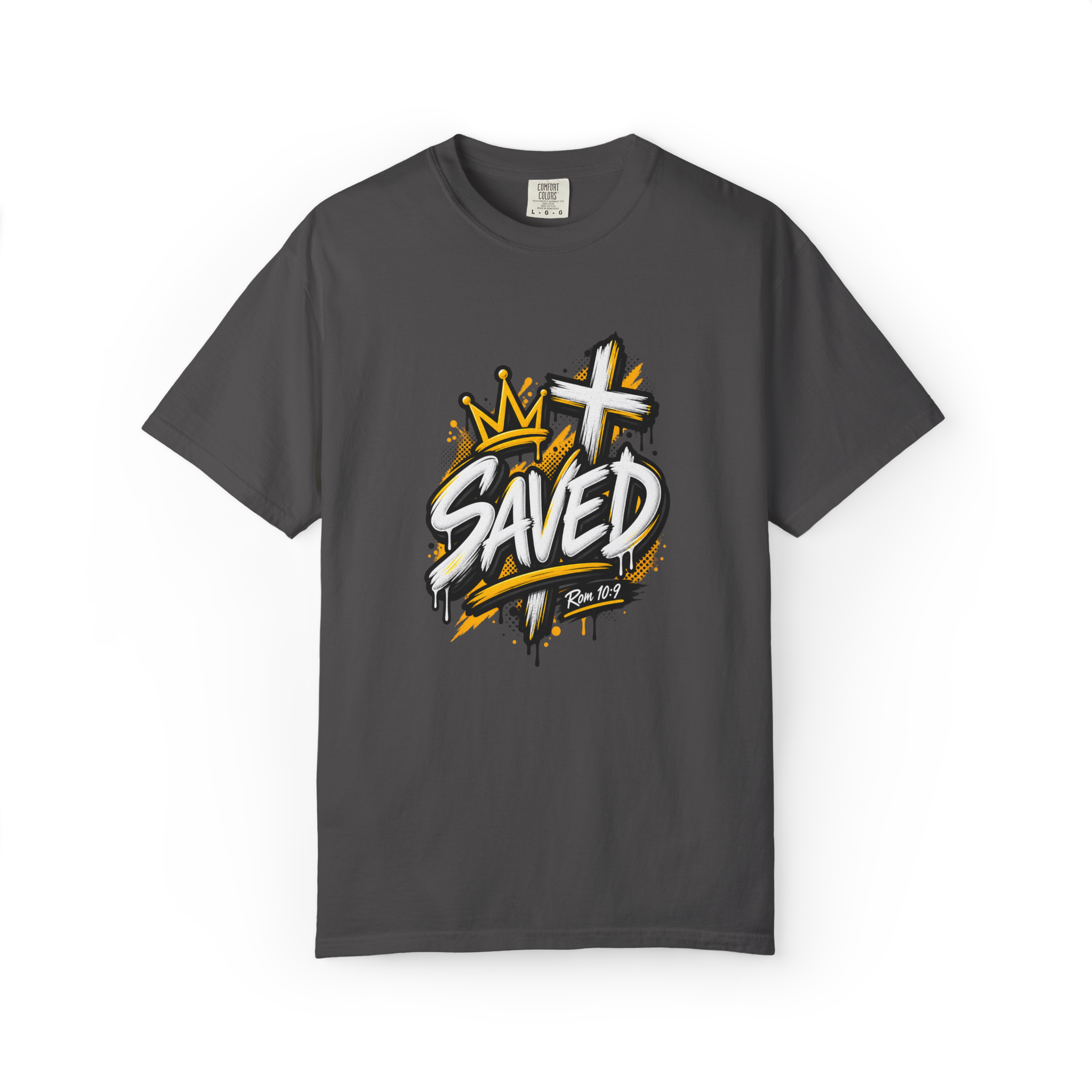 Graphite Unisex black and yellow streetwear t-shirt featuring bold graffiti lettering that reads 'SAVED', a crown, a cross, and 'Rom 10:9'.