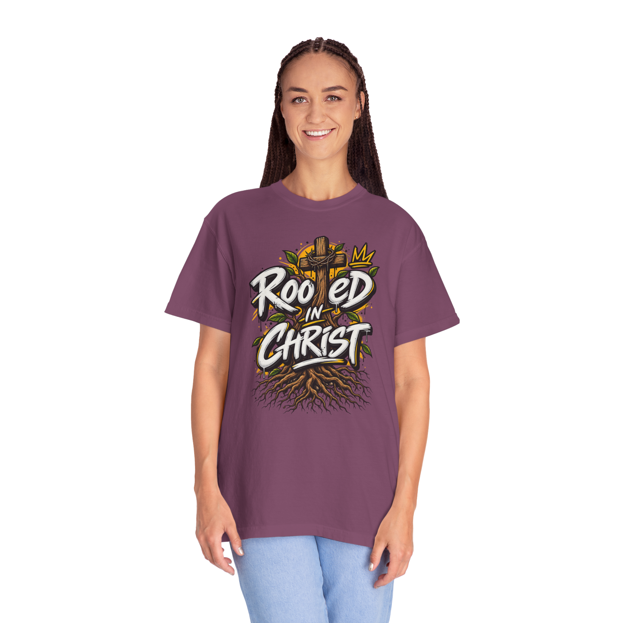 Unisex berry t-shirt featuring a vibrant graffiti-style 'Rooted in Christ' design with a cross, tree roots, and a crown.