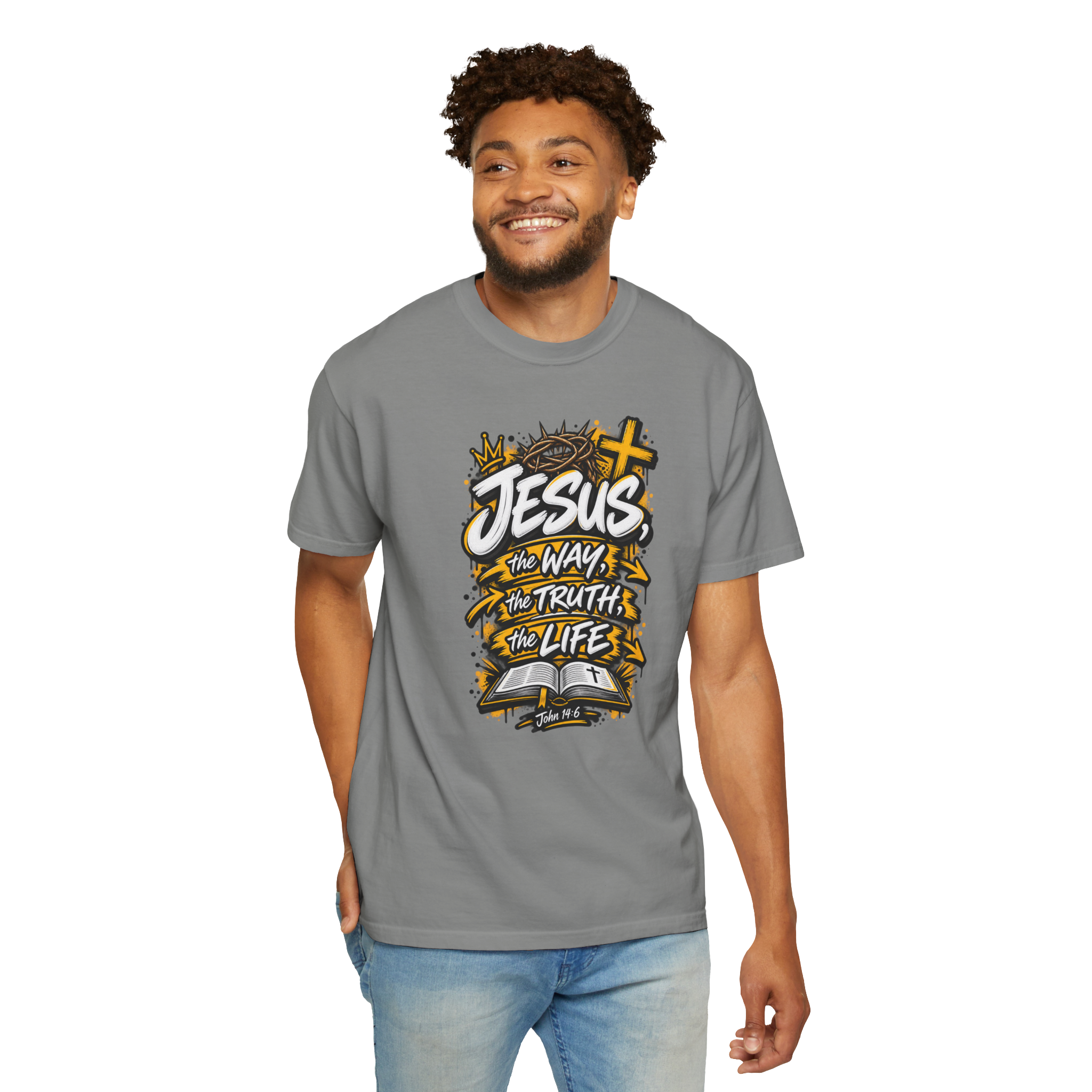 Unisex t-shirt with bold yellow and white graffiti art featuring a crown of thorns, a cross, an open Bible, and the text 'Jesus, The Way, The Truth, The Life'