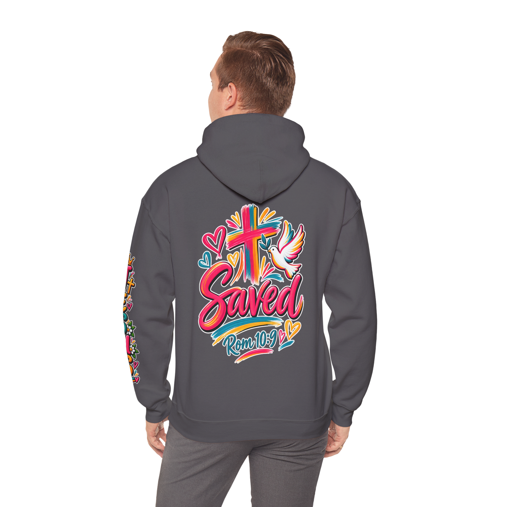 Charcoal Unisex colorful hoodie featuring bright floral artwork, a cross, a dove holding an olive branch, and the word 'Saved' with 'Rom 10:9'.