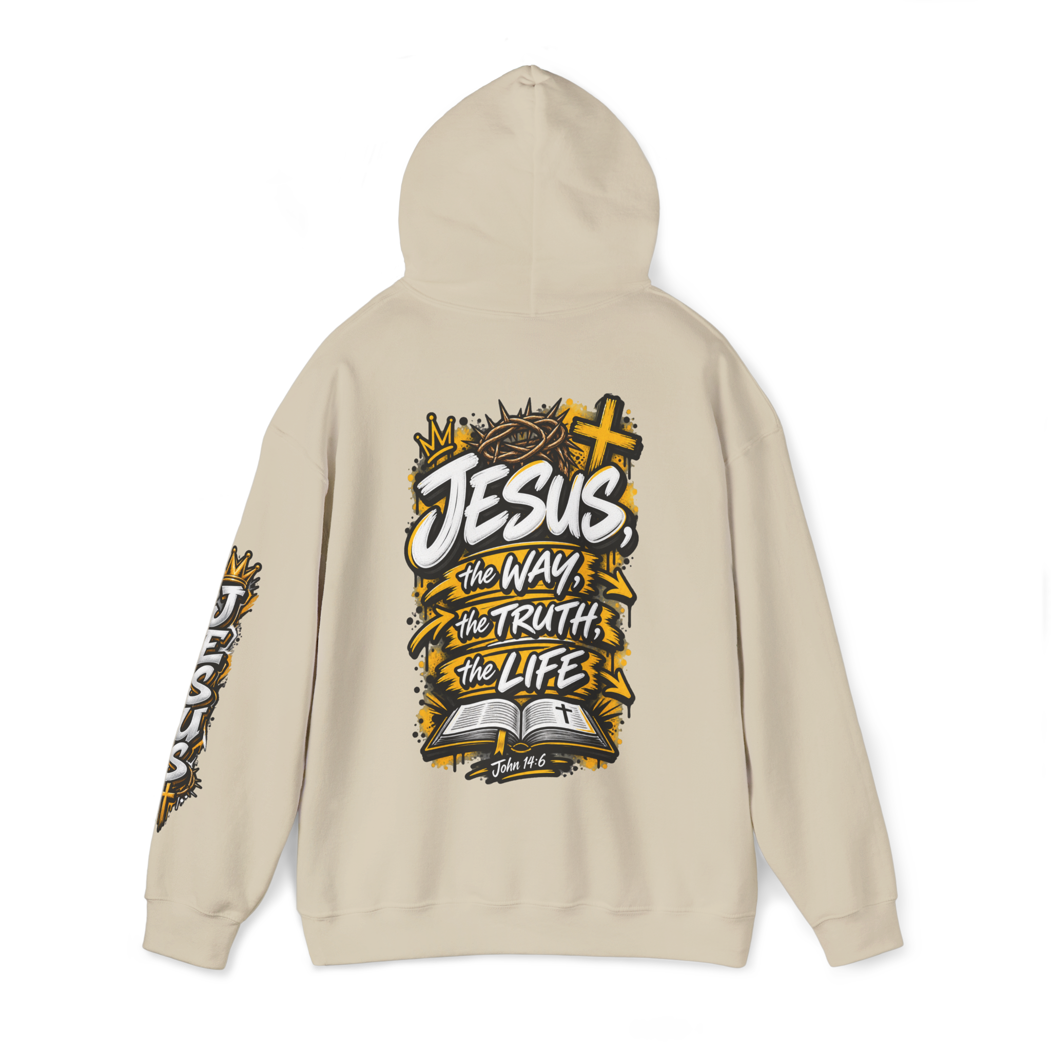 Unisex hoodie with bold yellow and white graffiti art featuring a crown of thorns, a cross, an open Bible, and the text 'Jesus, The Way, The Truth, The Life'.