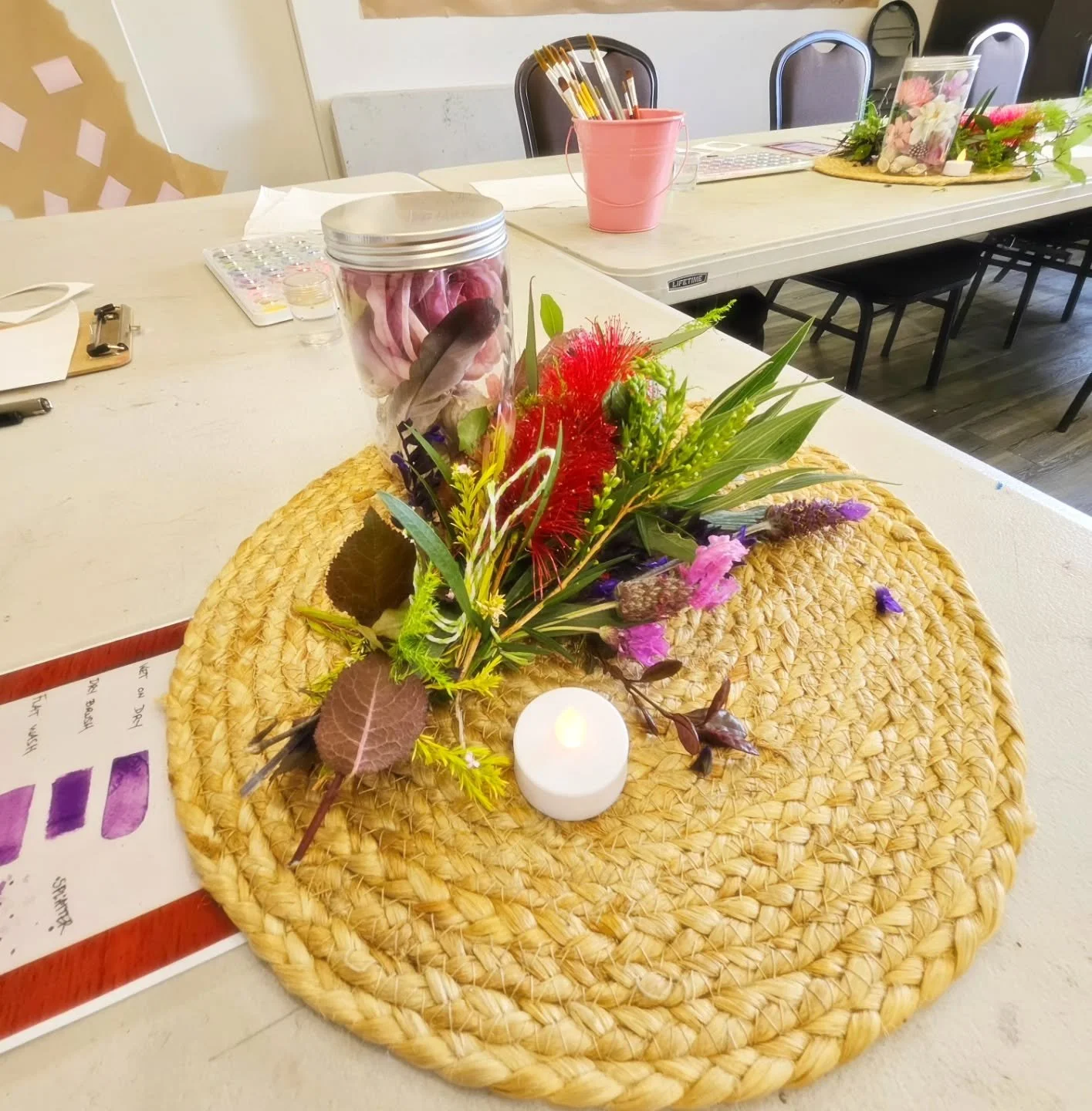 Tables set ready for Calming Watercolour inspiration. We started doodling inspired by these hand-picked leaves and flowers in our workshop this week.