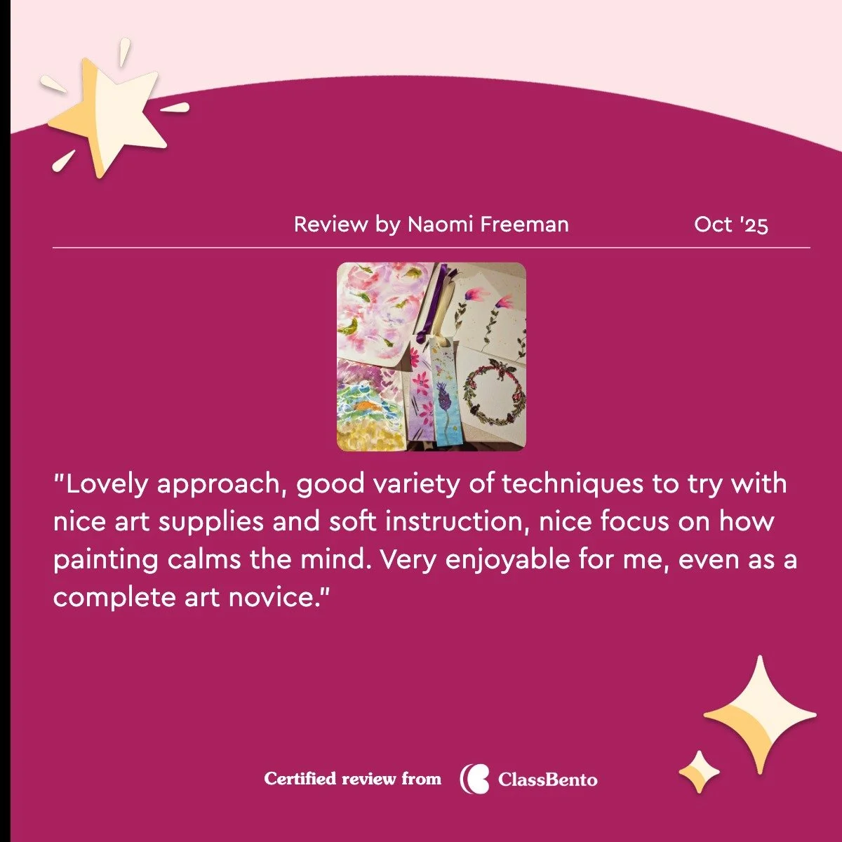 A beautiful 5 star review from Sunday's Calming Watercolour Workshop. 
So fulfilling to have my workshops resonate with others.