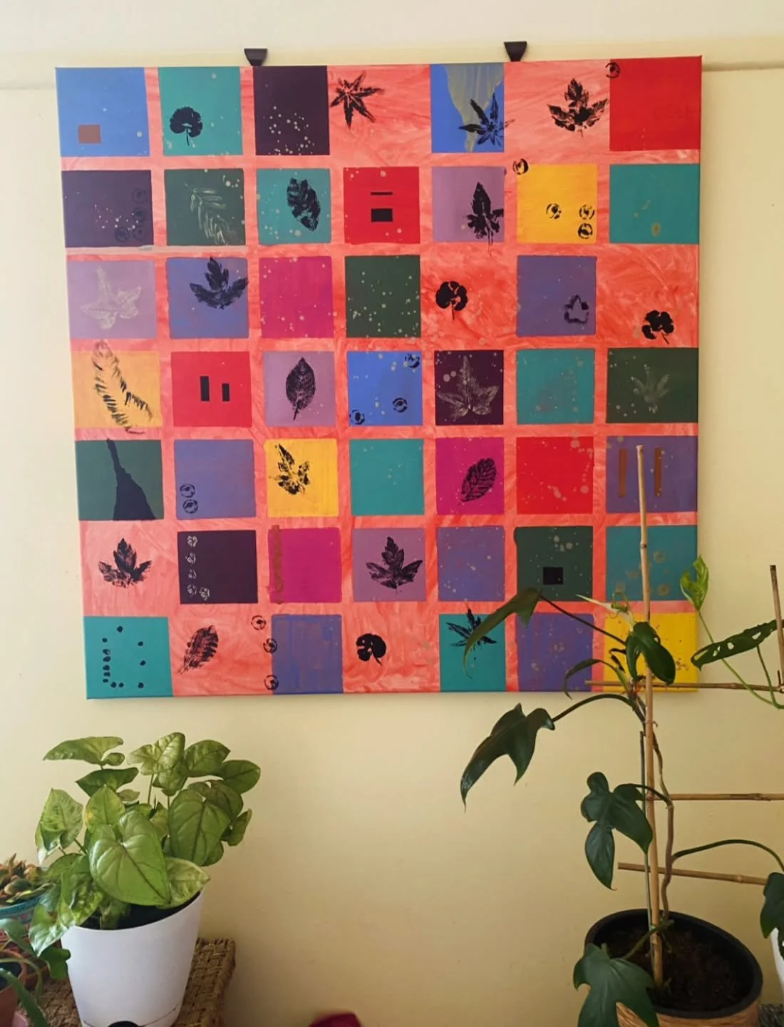 A long time friend sent me this photo of an art piece I created for her over 20 years ago, still hanging in her home ❤️

Still connecting with nature in my art making. These were natural leaf prints and stencils on a handpainted background. 🌿