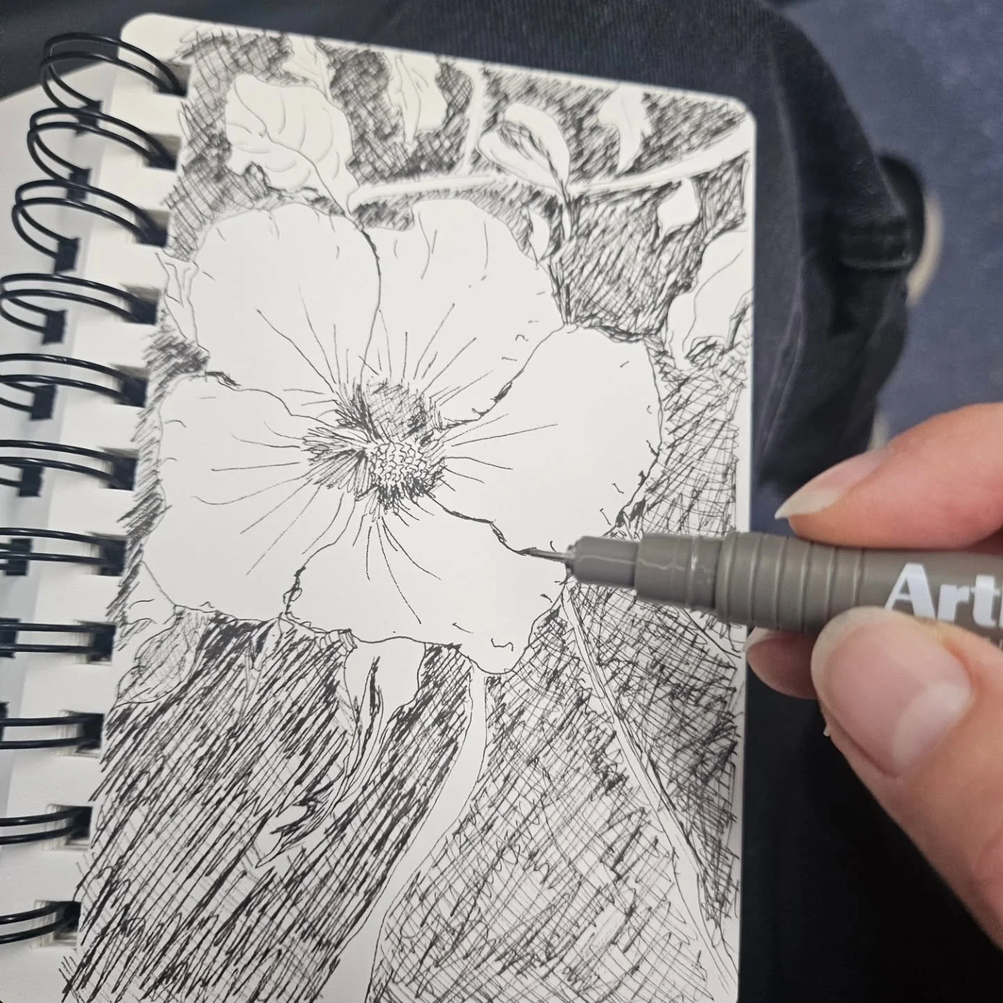 Doodling to de-stress 

I like taking photos on walks to inspire later, like this native hibiscus. This doodle is from my train commute in a tiny A6 sketchbook. 

I may add some watercolour later to capture  those vibrant purple and magenta tones. 🌸