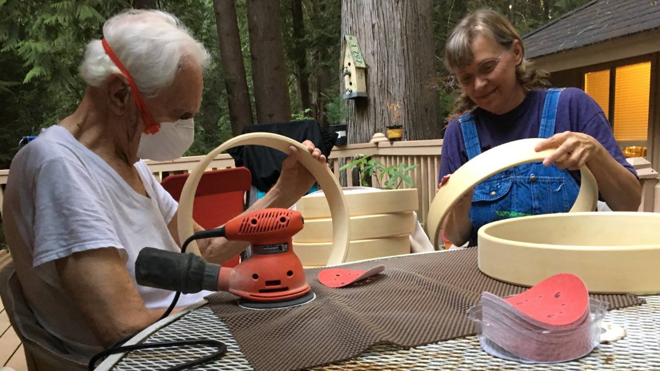 Papa and I working together on sanding hoops. He taught me woodworking when I was little. What a gift he was in this life!