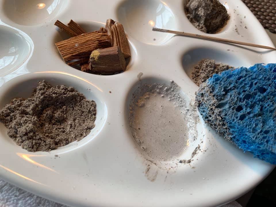 Owl Clan: Water Healing Drum: preparing the ash and coal from the Sacred Sweat Lodge Fire, which will become rocks for the Sacred Well on the hoop.