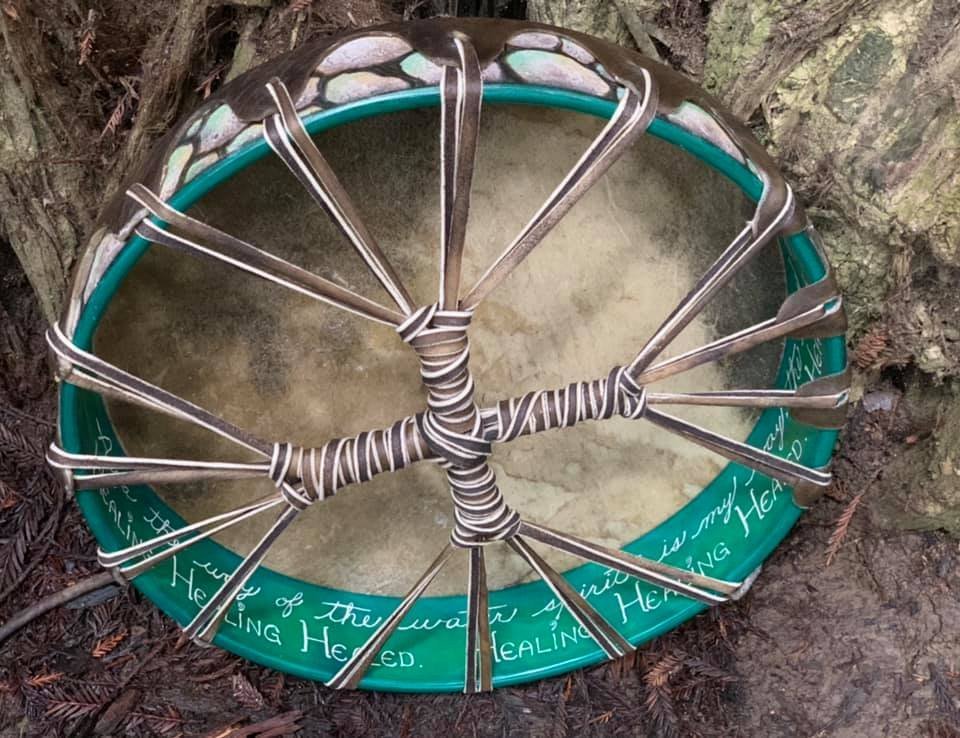 Owl Clan: Water Healing Drum: the Sacred Circle (hoop) with it's well rocks peeking out, holding the sacred energy of the perimeter.