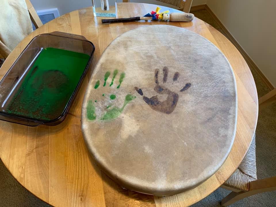 Our family Grancestor’s Drum: Papa’s handprint now resting to dry upon the Drum.