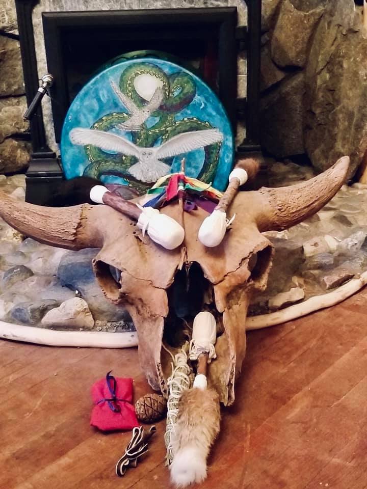 Owl Clan's Water Healing Drum finally home with them, and being honored on their hearth Altar. Three Mallets were sent, one for each Owl Clan member, including the youngest, who was four at the time.