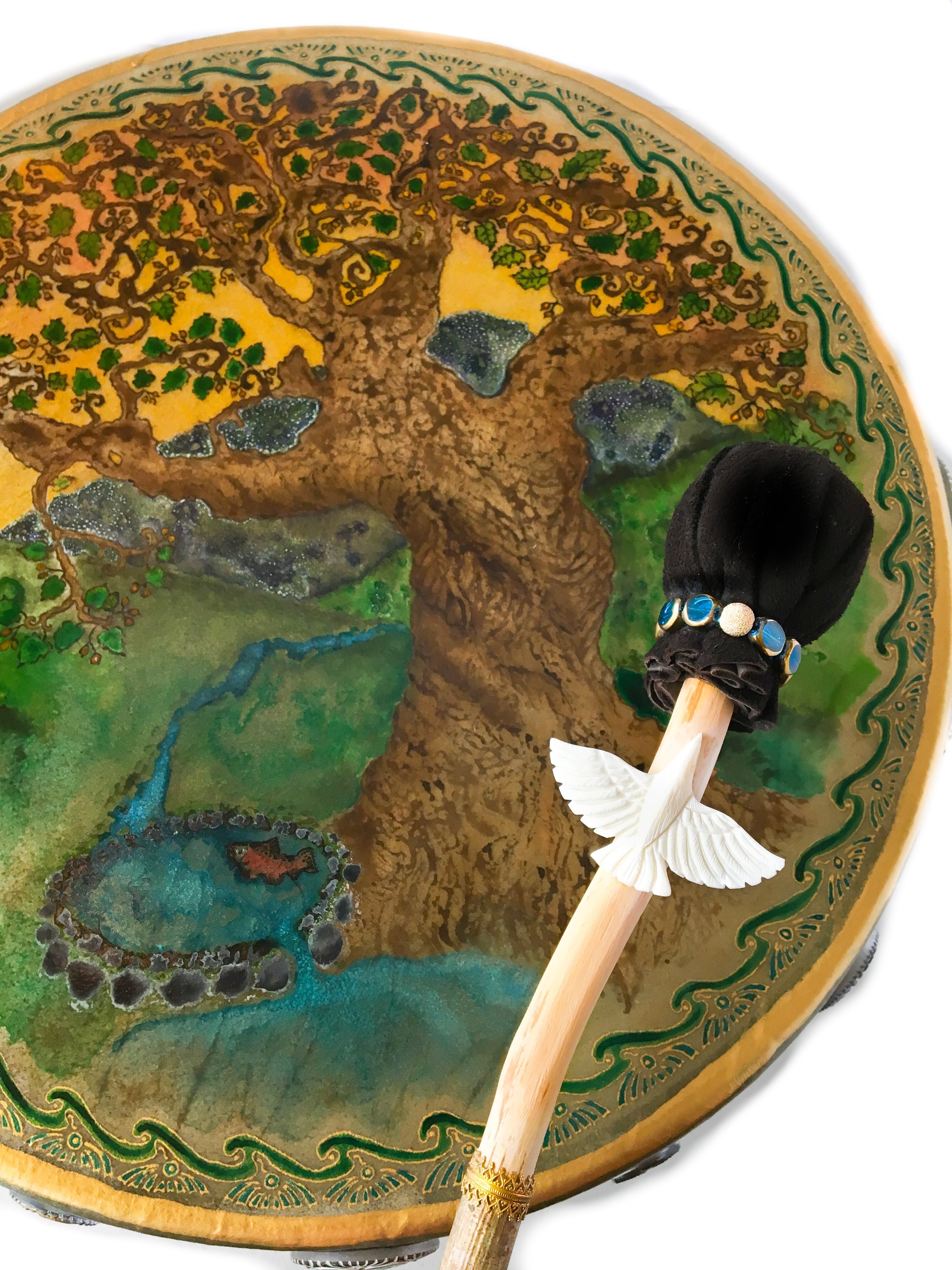 Jeannie's Mallet with a gold bead for her Crow, and a Bird she had sent to be added. "Blessings of Brighid" Drum.