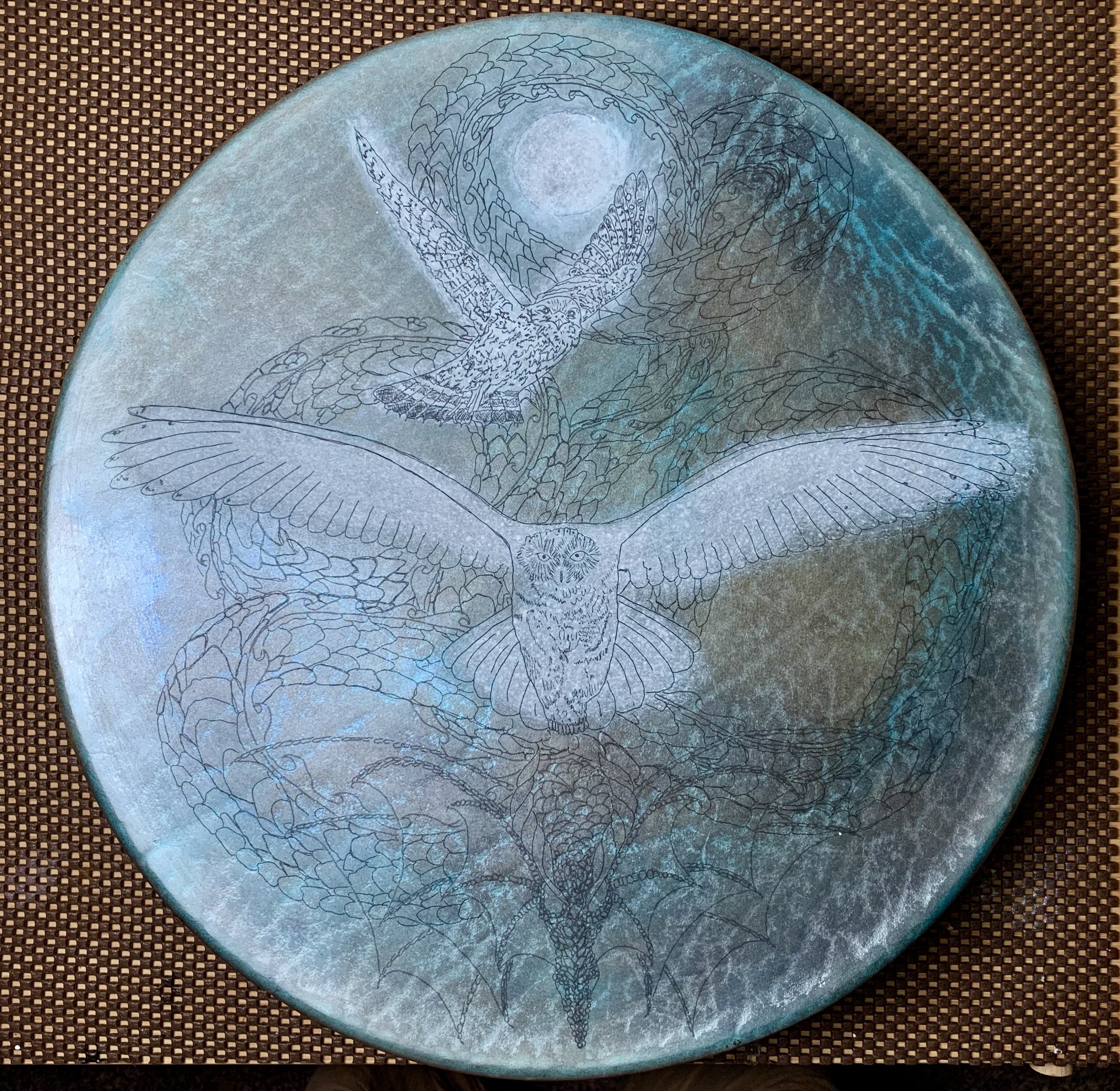 Owl Clan: Water Healing Drum: the first layers of soft ink color are ceremonially applied with reverence and care.