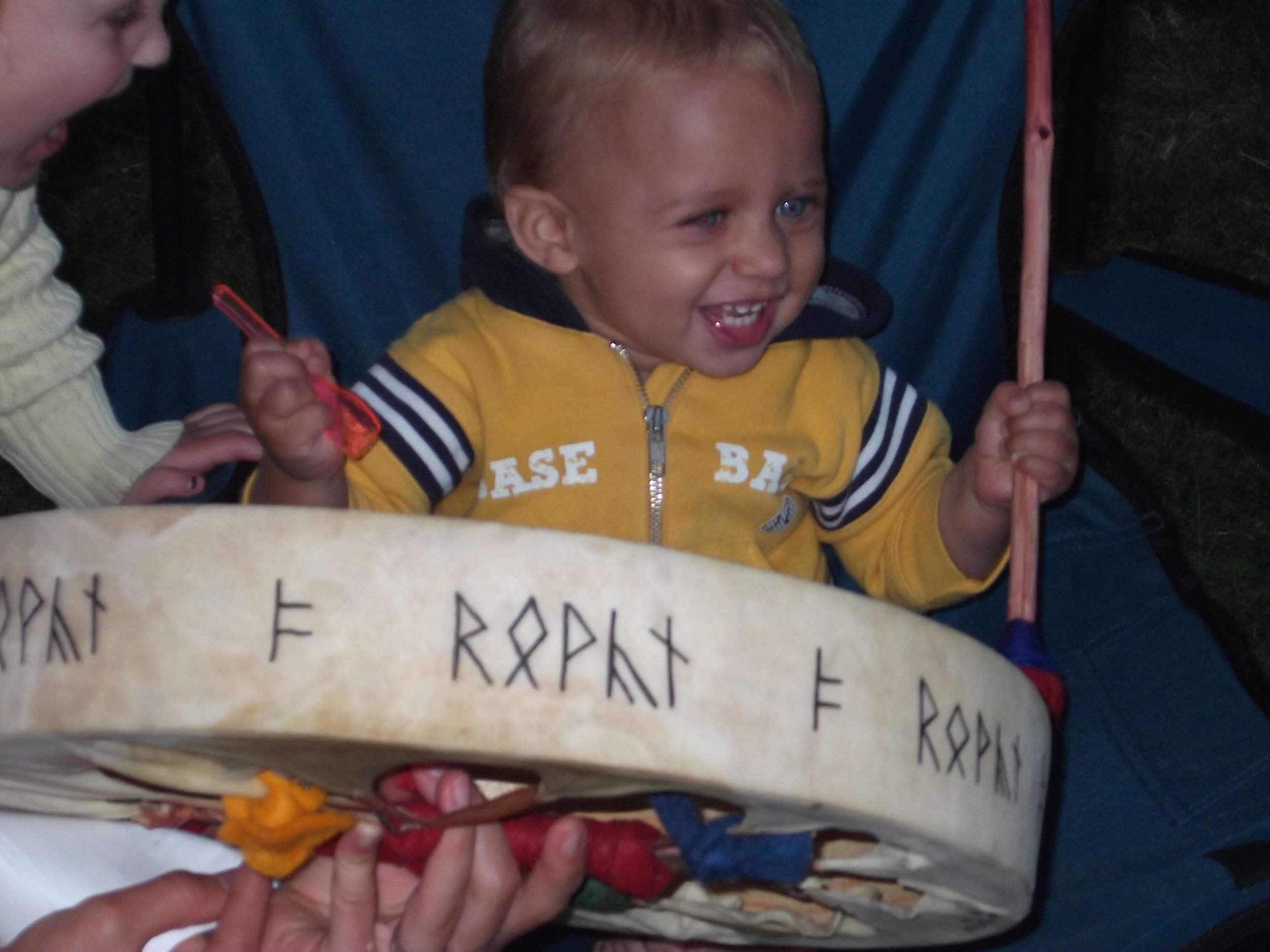 Rowan: Sámi Drum: For Rowan’s first BirthDay, as his Grammy, I heard to make him a Drum of his own. Along the outside of the Sacred Circle is his name in Viking Runes as well as Celtic Ogham. On the Mesa of this Drum are ancient Sámi glyphs, original
