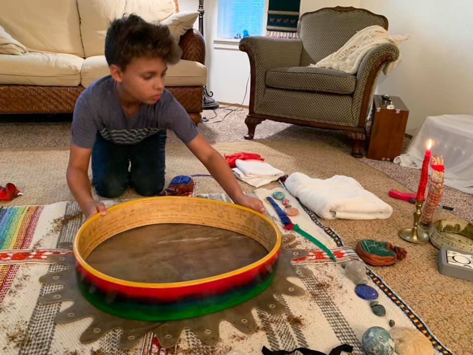 Rowan: Sámi Drum: Now in Birthing Ceremony, Rowan lays out the Altar, and upon it, Buffalo, who comes straight from a 24 hour soak in Sacred Waters and is heavy with the sanctity of Them. Upon Buffalo, Rowan carefully centers his Sacred Circle, now c