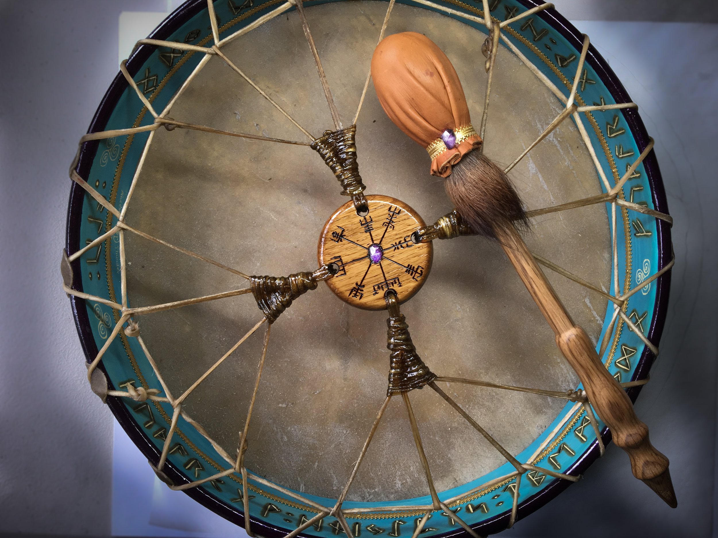 Karen's Royalty Drum: back view with hand-hold and Mallet, with Oak, Amethyst, and Bear.
