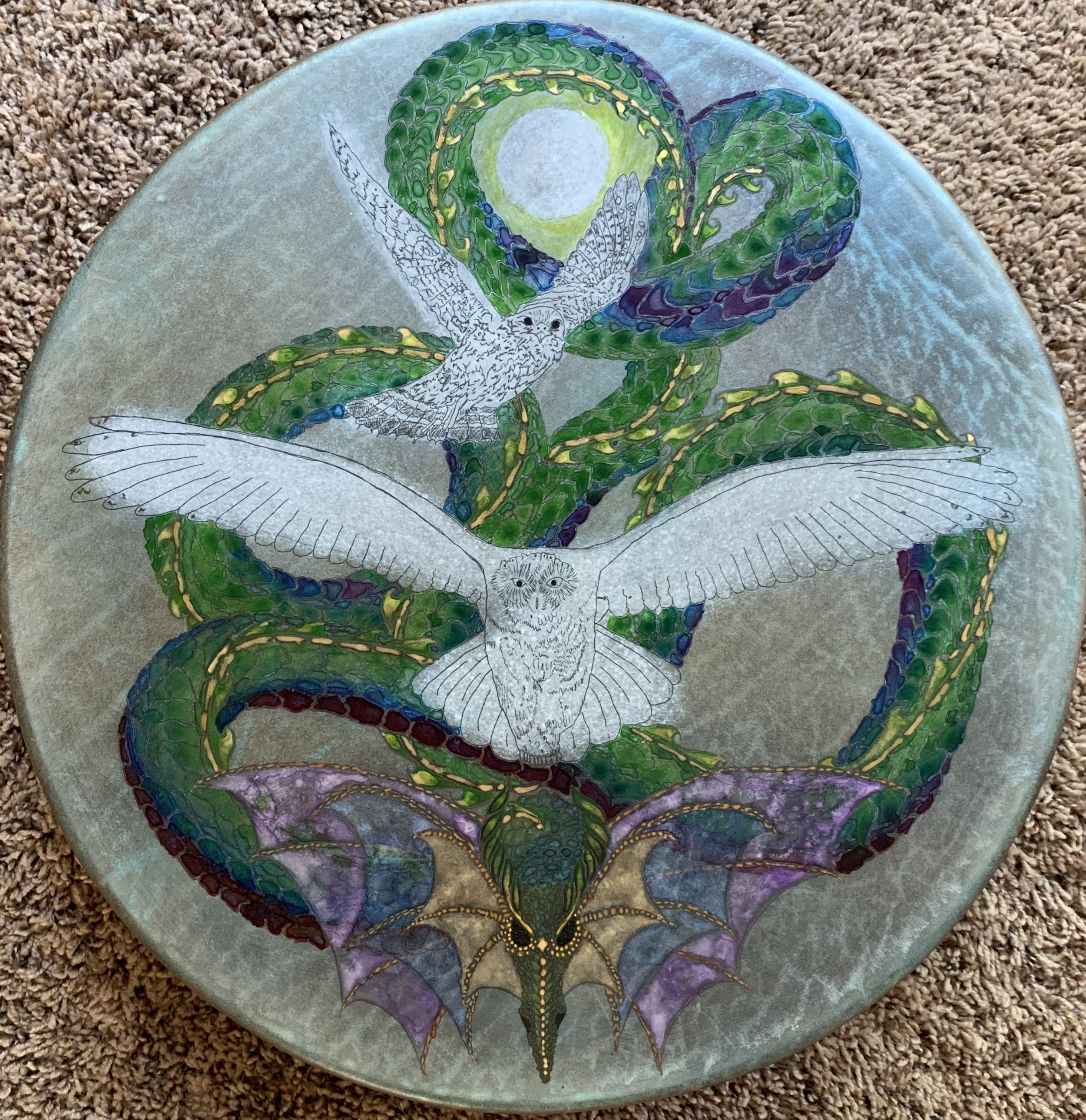 Owl Clan: Water Healing Drum: getting close to completion with the many layers.