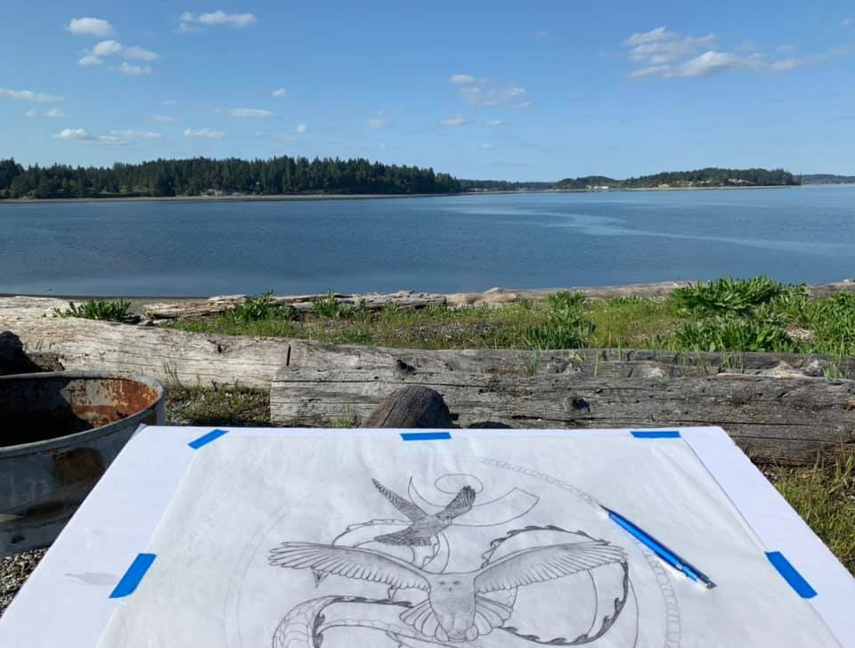 Owl Clan: Water Healing Drum: Visioning on behalf of Owl Clan next to the Salish Sea in the Pacific Northwest of the U.S., the drawing comes into view.
