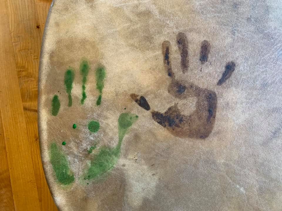 Our family Grancestor’s Drum: Freshly inked with my beloved 93-year-old Papa’s handprint, right next to my Mama’s, whose handprint had been placed in the center of the Drum years earlier. Papa’s print was added the day he was taken to the hospital. W
