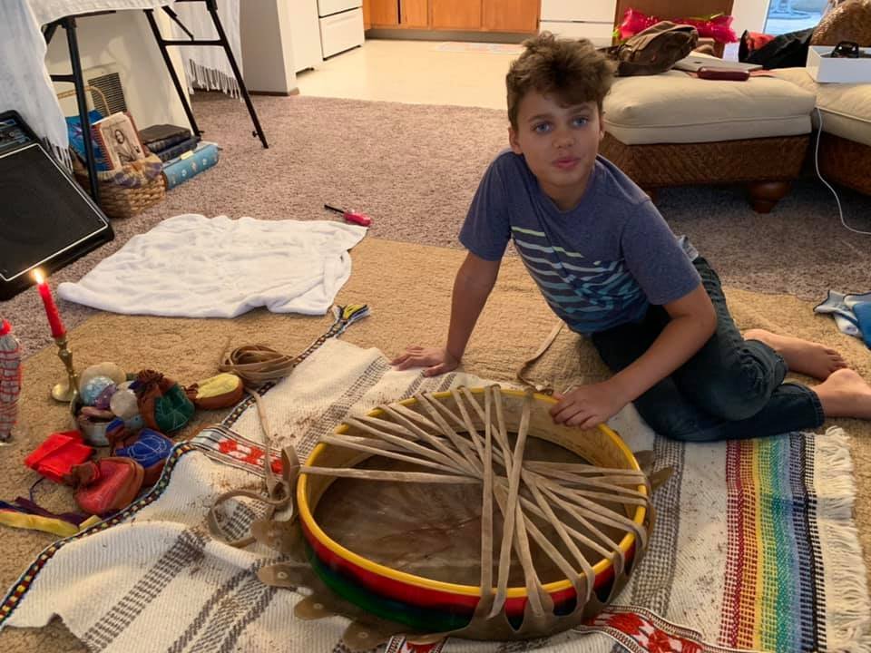 Rowan: Sámi Drum: Birthing a Sacred Drum is hard work. There is much pulling, stretching, and pulling again, which takes a lot of effort. It is a true rite of passage to build one’s own Drum. Here is Rowan, just getting started and having no idea how
