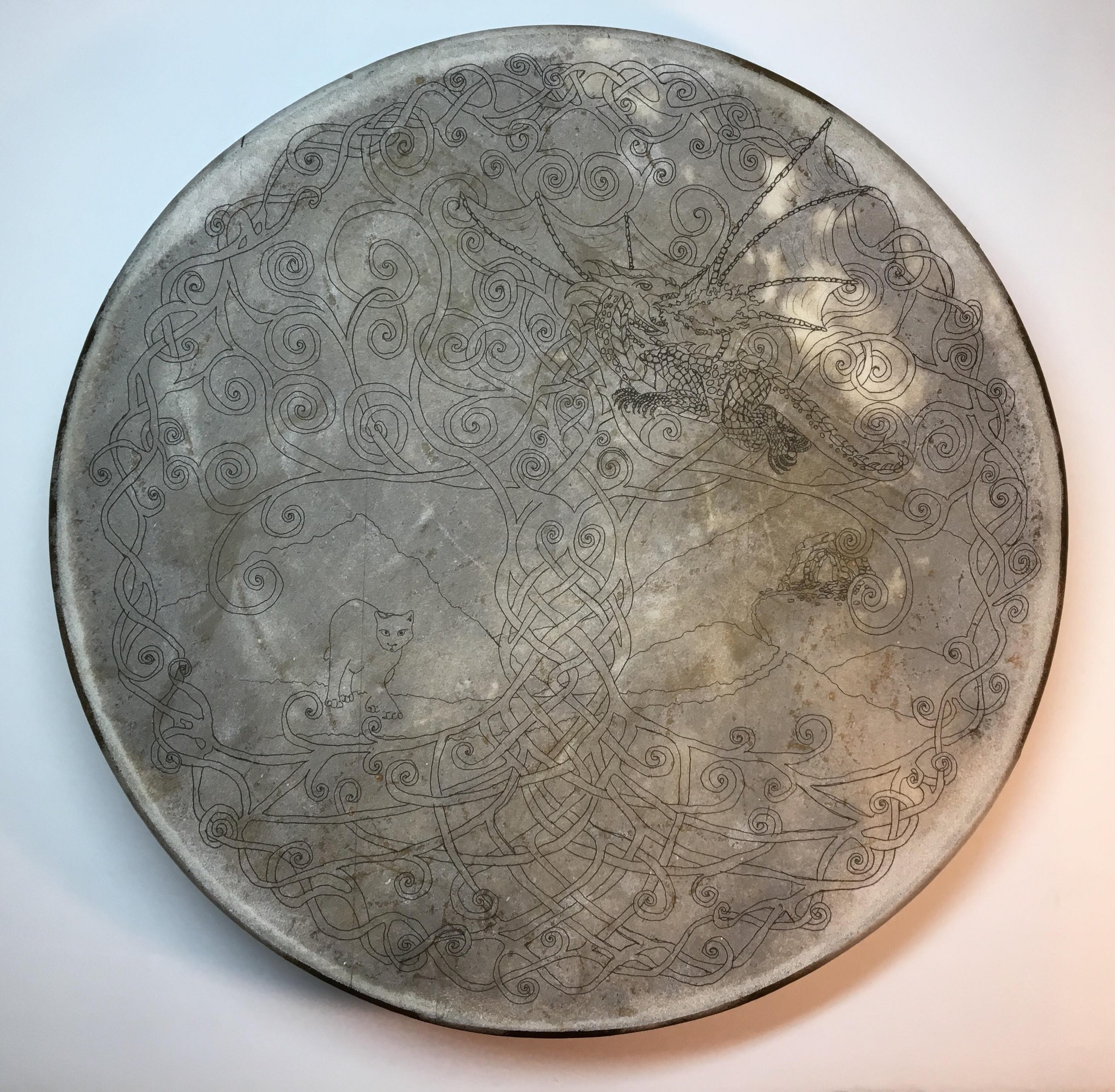 Sarah: Òran Mór Drum: With the drawing transferred to Buffalo’s Mesa, the ink is ready to be applied.
