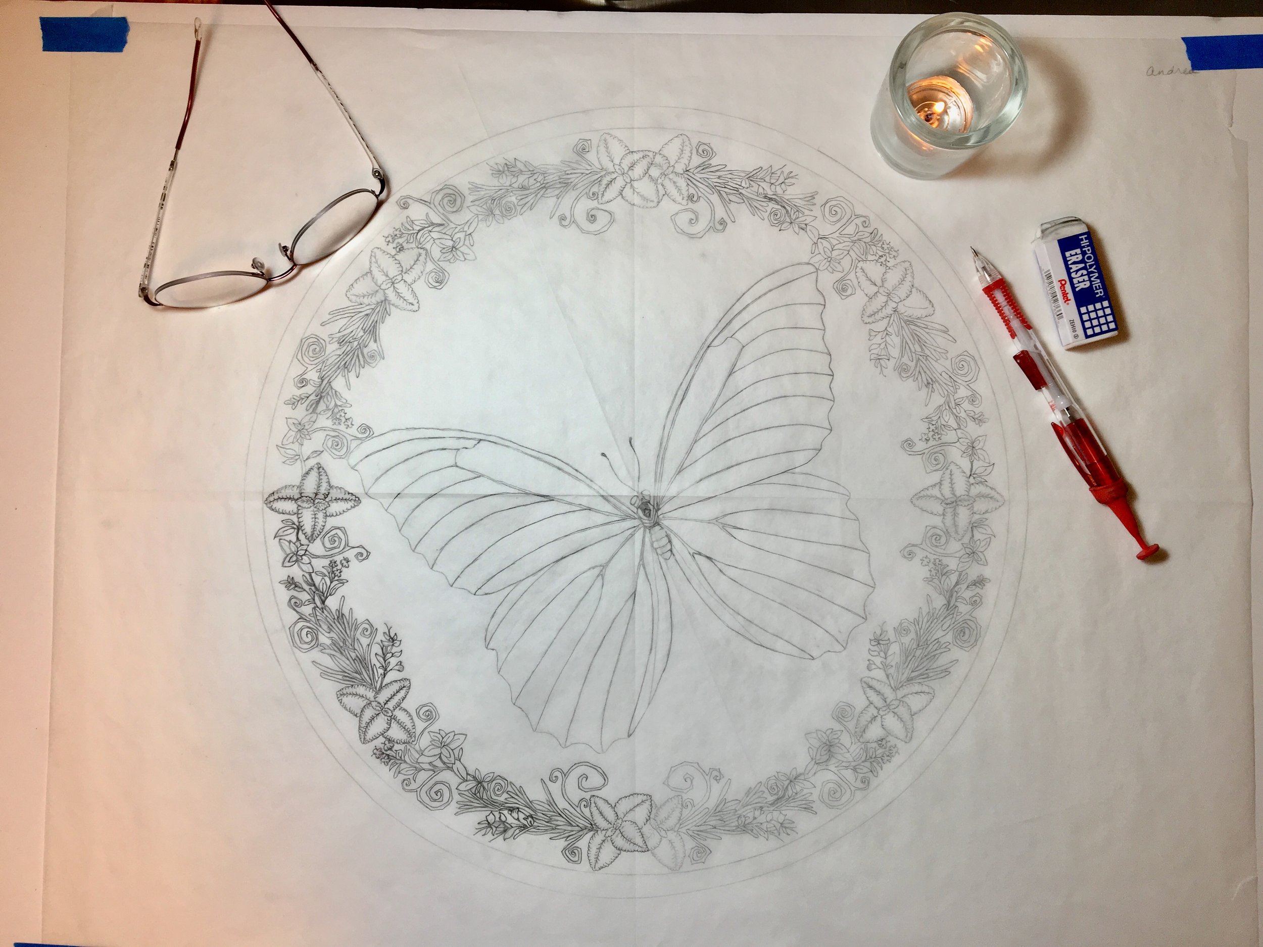 Andrea's Morpho Drum: rough draft drawing of her Butterfly and Plant People guides.