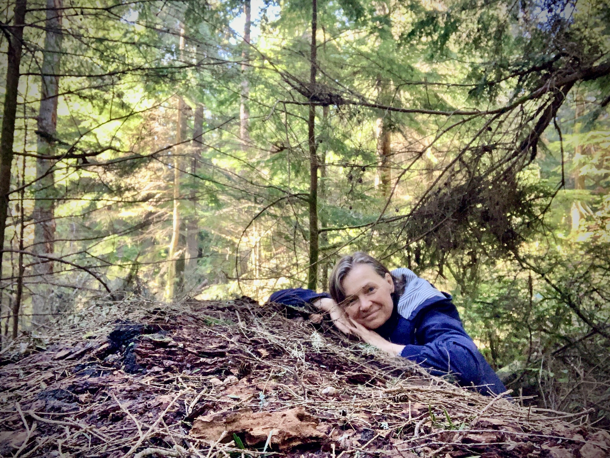 Loving and laying atop a massive Old Growth Tree Person who had lain down after being struck by a powerful Lightning bolt.