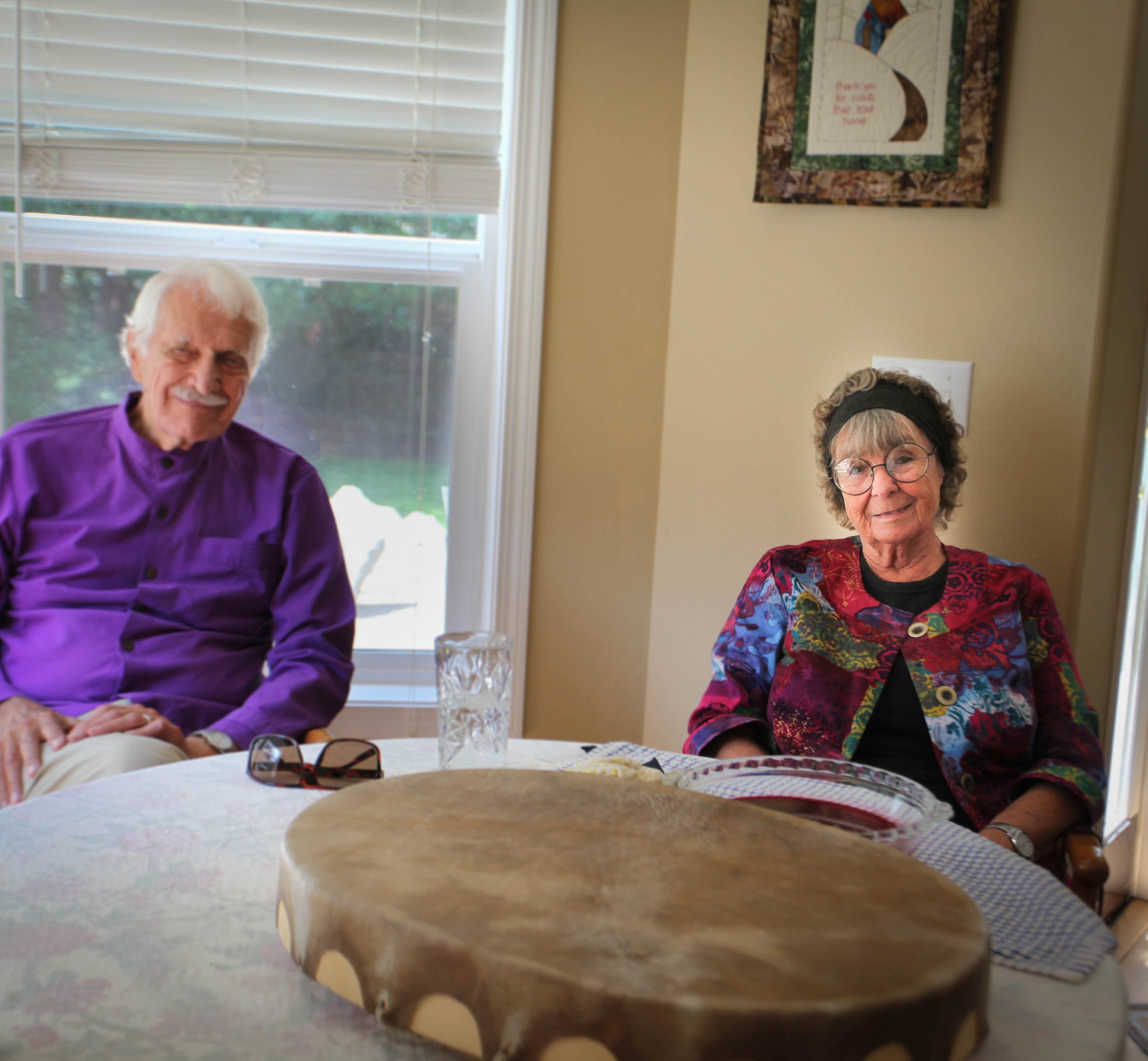 Our family Grancestor’s Drum: my parents, my Papa and Mama, waiting while I set up the beet juice bowl and Ancestral Drum, so that we could capture Mama’s handprint on the Drum - the first adornment to the Mesa of this Sacred Drum.