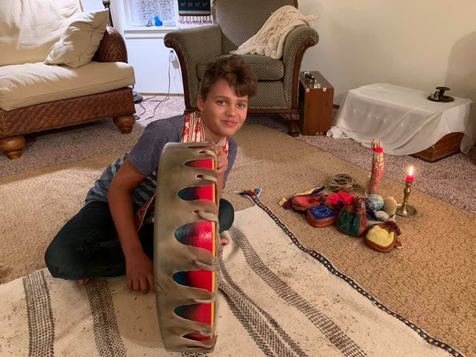 Rowan: Sámi Drum: Very proud of his hard work, Rowan shares the beautiful inking colors of his Sacred Circle.