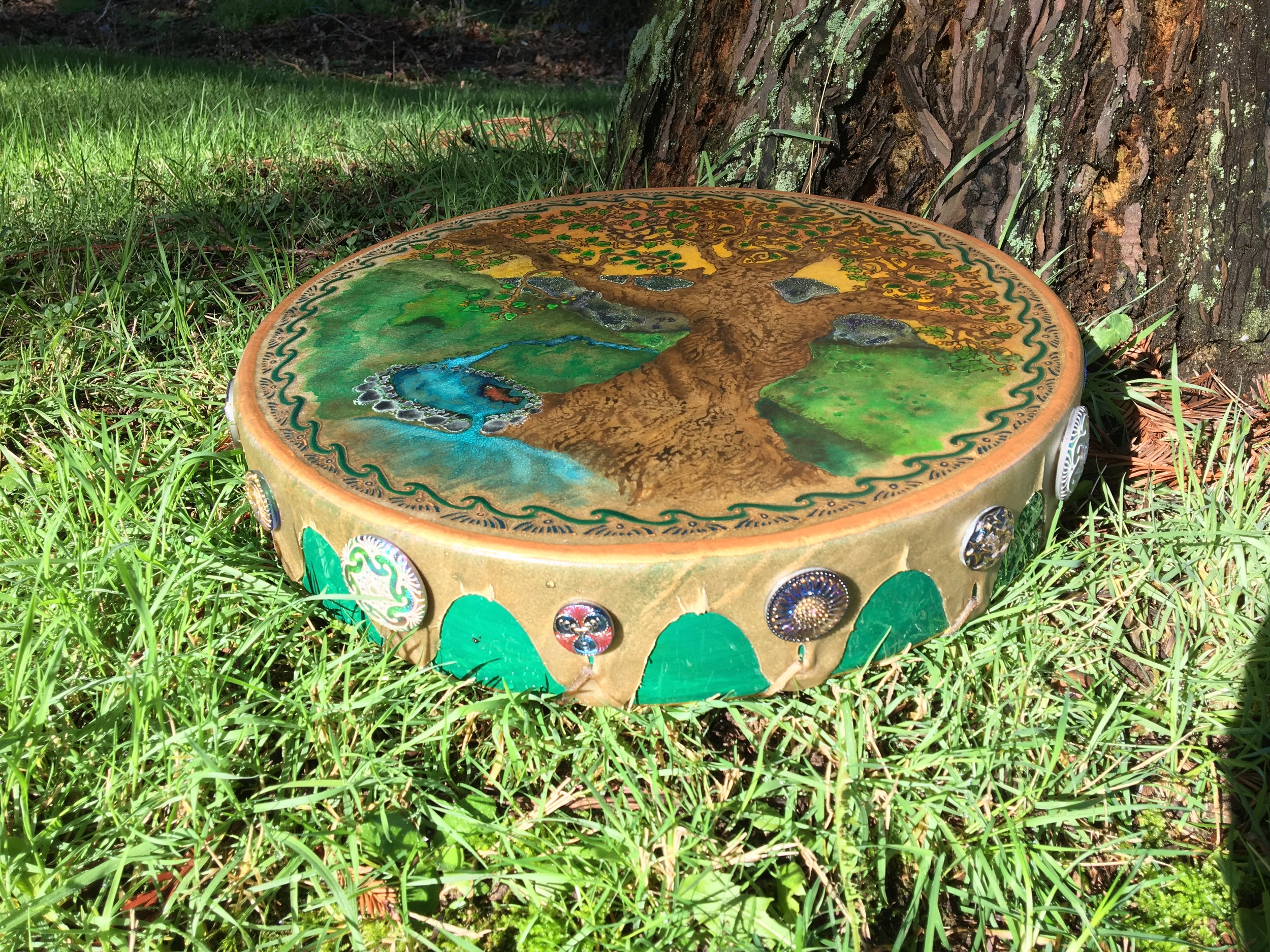 "Blessings of Brighid" Drum for Jeannie, completed and resting before going home.