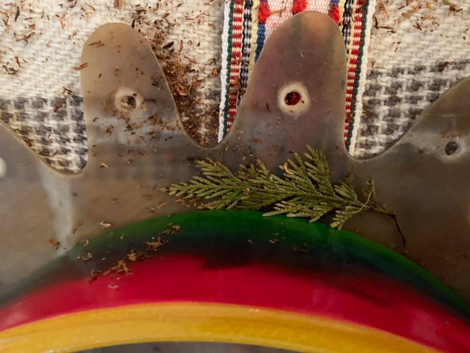 Rowan: Sámi Drum: Every Drum I have a part in creating, is offered the blessing of a sprig of Great GrandMother Cedar’s boughs, at Her behest and guidance. She said this is so She can continue to work with the Drum Carrier, and resonate Her energies