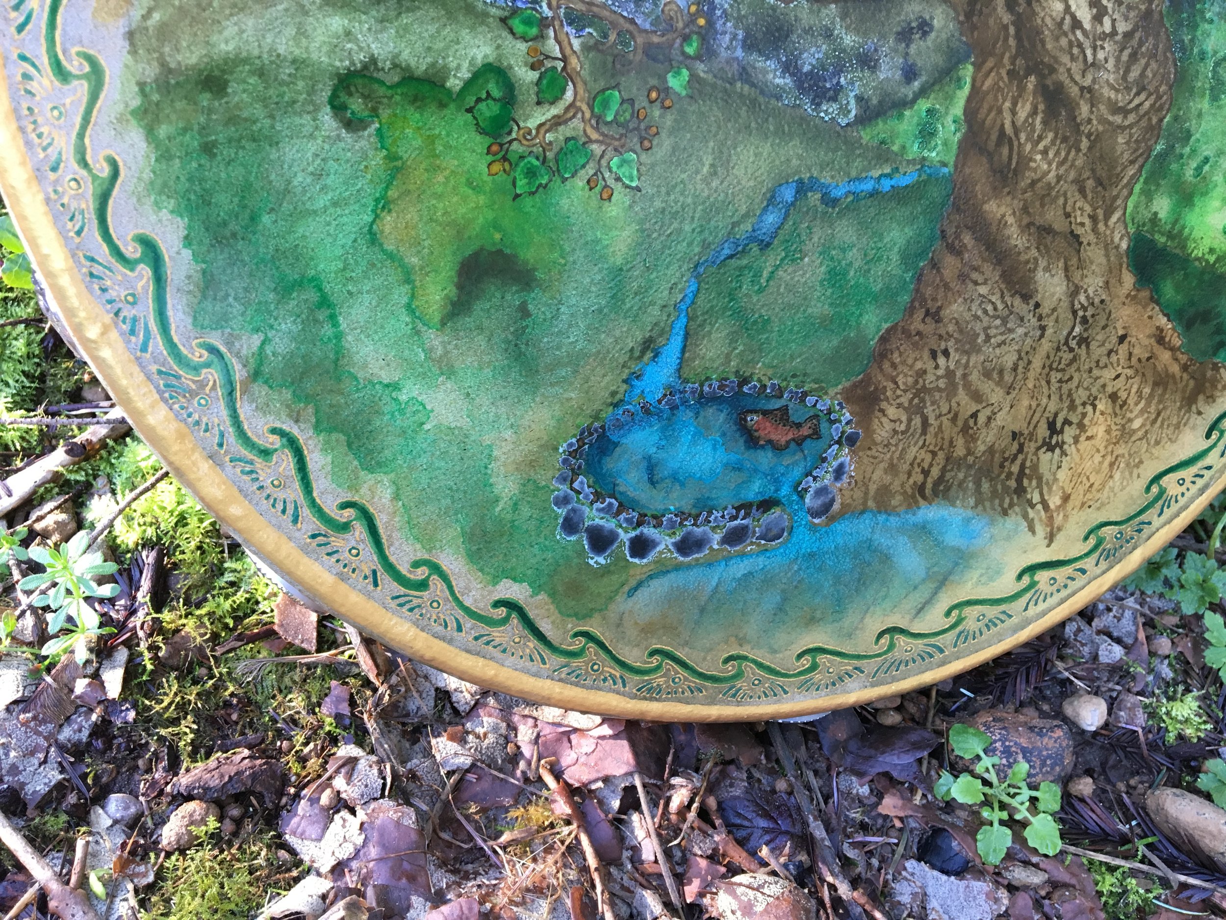The holy waters from Brighid, run down the hill into the sacred well, under a Hazel tree, and then overflow into the roots of the tree, nourishing the Ancestors. "Blessings of Brighid" Drum, for Jeannie.