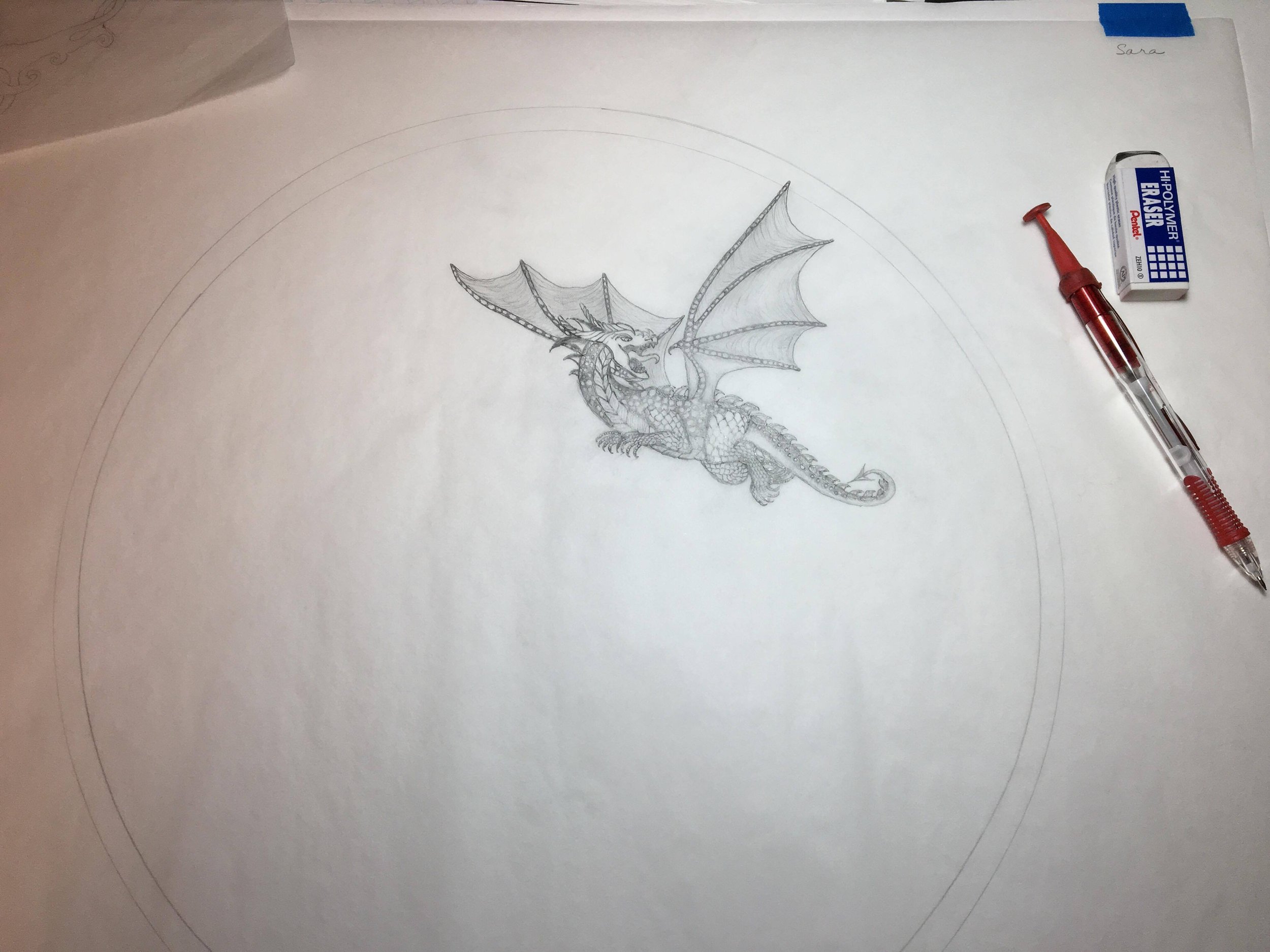 Sarah: Òran Mór Drum: After taking a Journey for a Vision, the Vision comes into view as the drawing starts. Sarah’s Dragon Spirit Guide is central to this Drum and It’s energy and frequency hold great power in playing with the Drum.