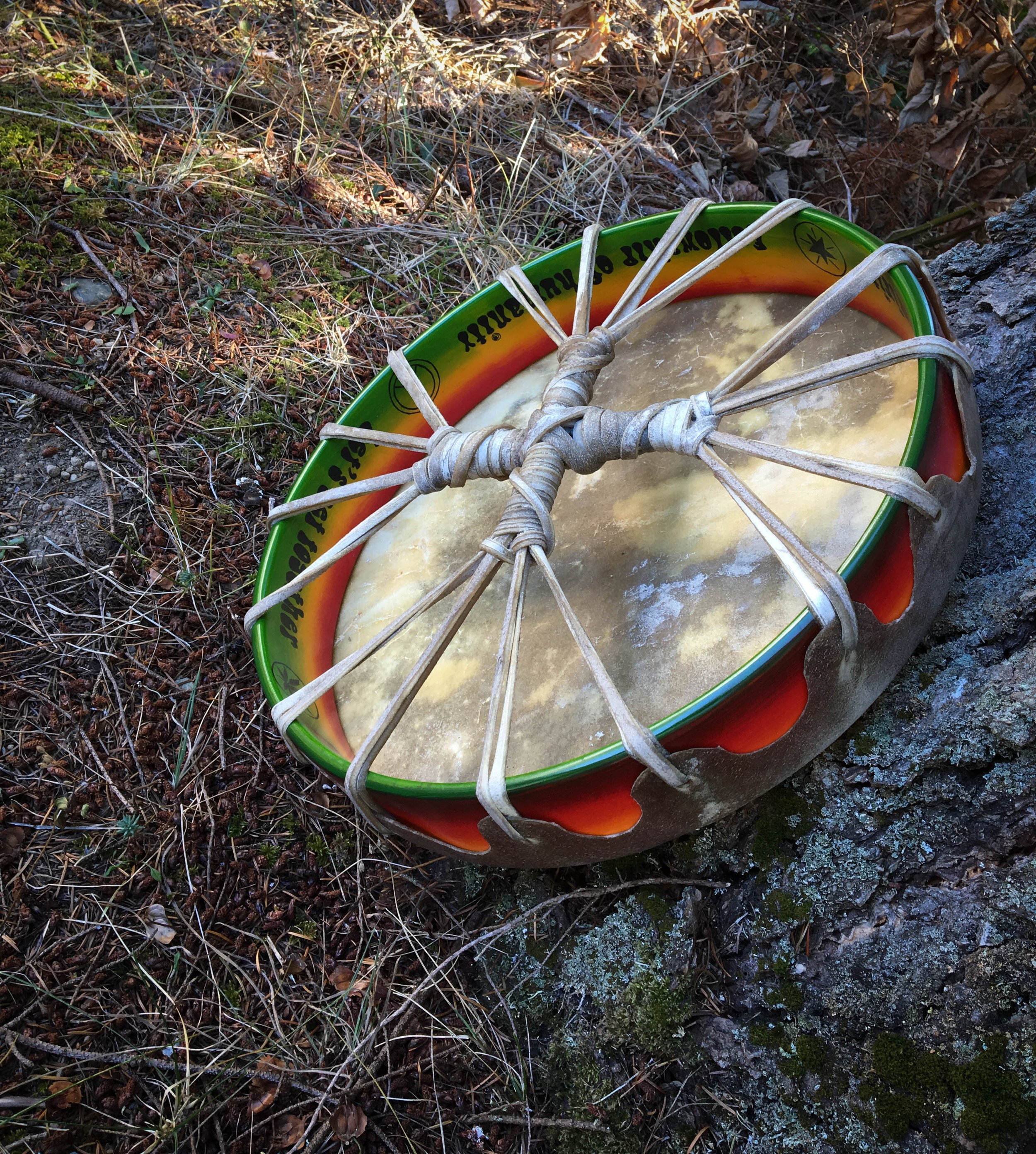 Rosie: Soul of a Lion Drum: Completed and resting, the healing mantra inked inside the Sacred Circle will resonate out into the ethers every time the Drum is played.