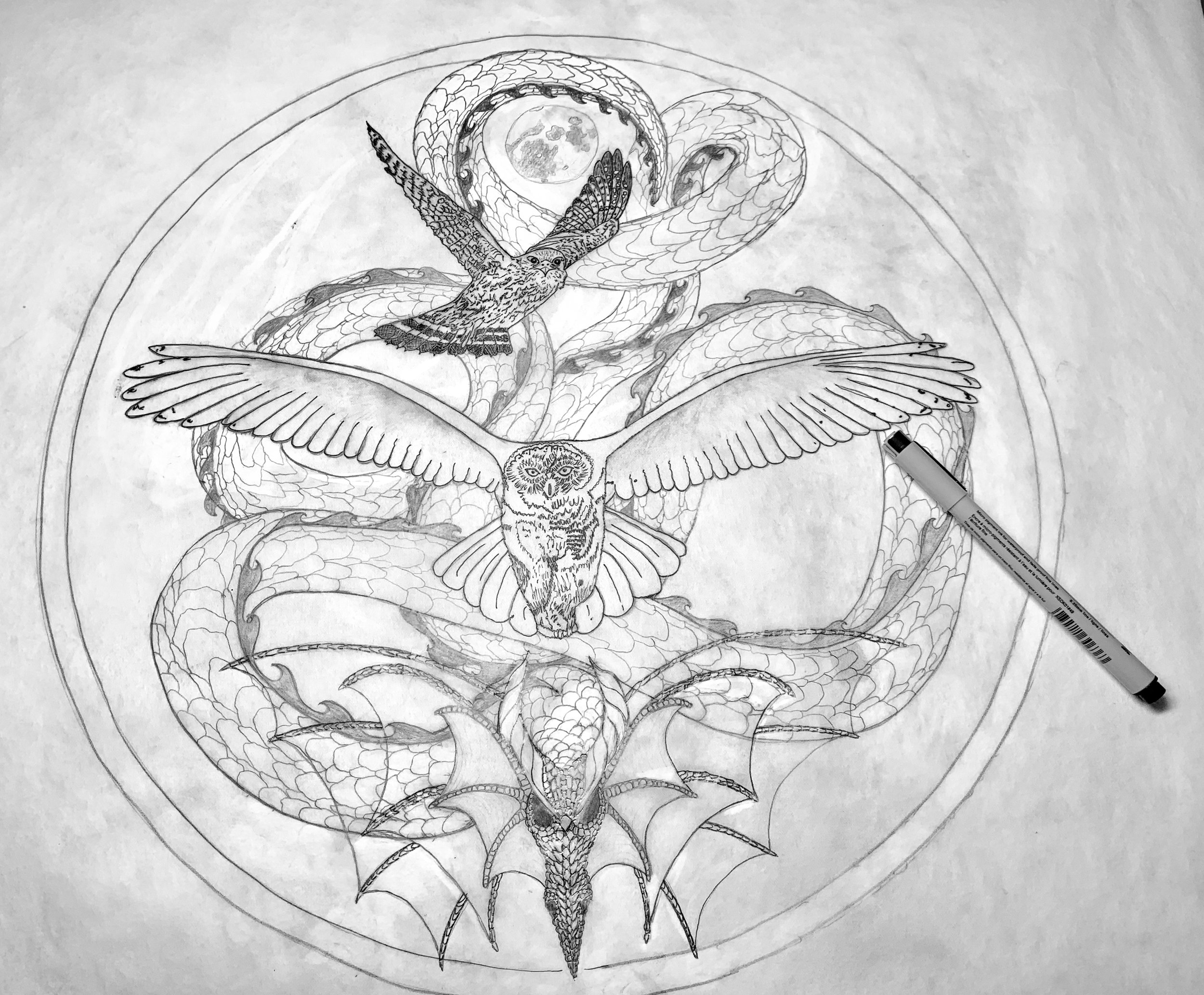 Owl Clan: Water Healing Drum: With the draft drawing complete, inking will begin next.