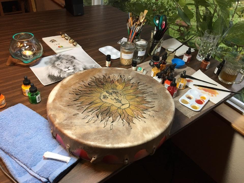 Rosie: Soul of a Lion Drum: The energy of the Lion is captured from an actual photograph of a Soul who wanted to become a part of this Drum's work in the world.