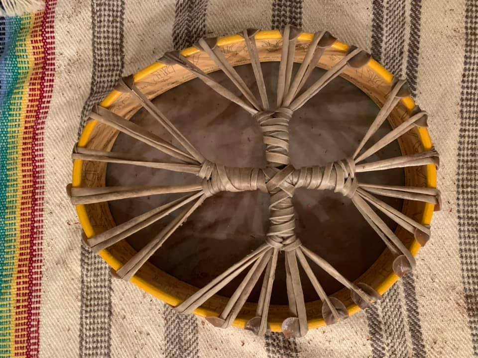 Rowan: Sámi Drum: The Drum resting upon the family Altar cloth, woven in the traditional Sámi way. It will be ready for Awakening in 24 hours.