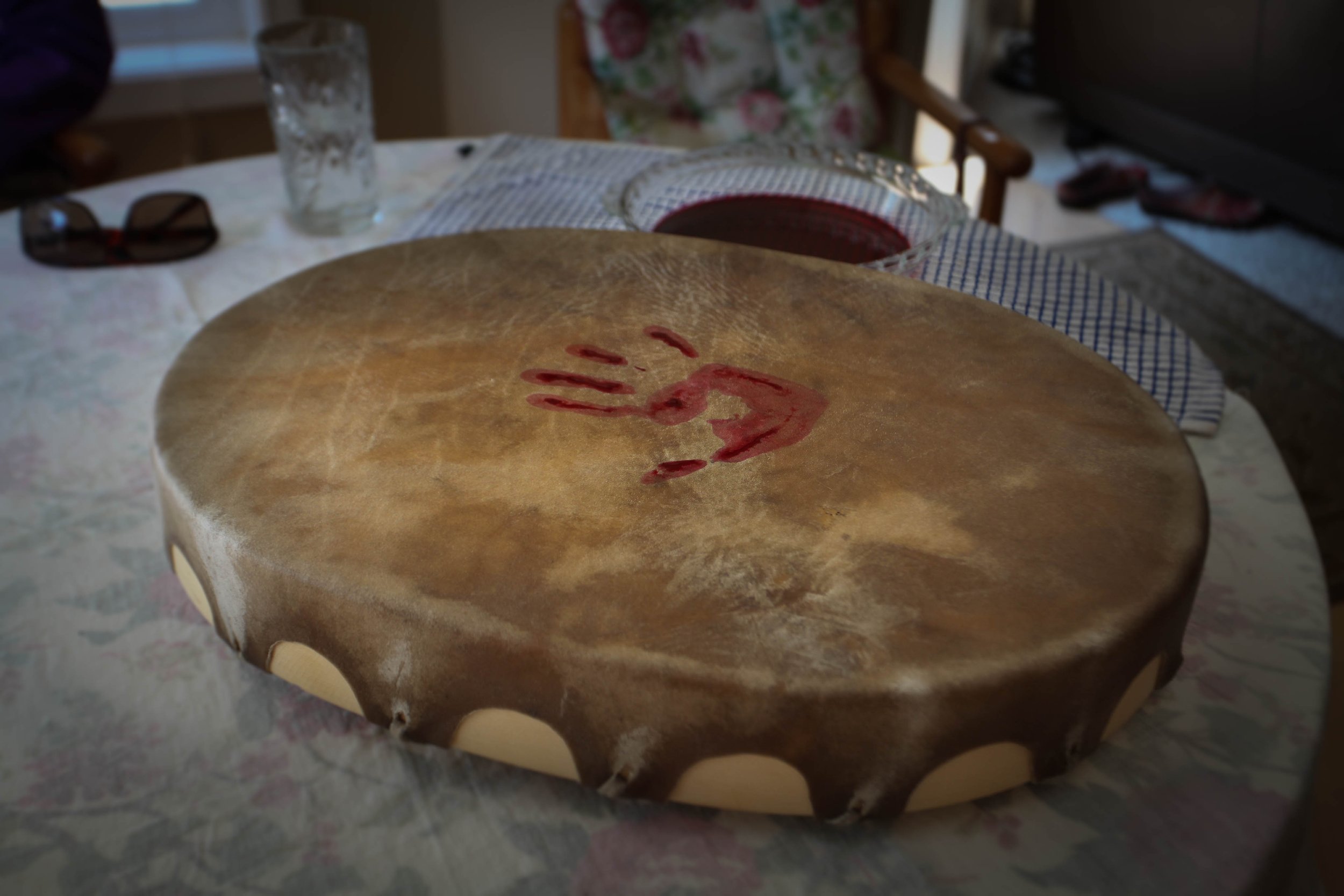 Our family Grancestor’s Drum: Mama’s handprint held the Center of the Mesa and the frequency of all our Maternal Ancestors, along with her Mother, for many years, alone in the center of the Drum.