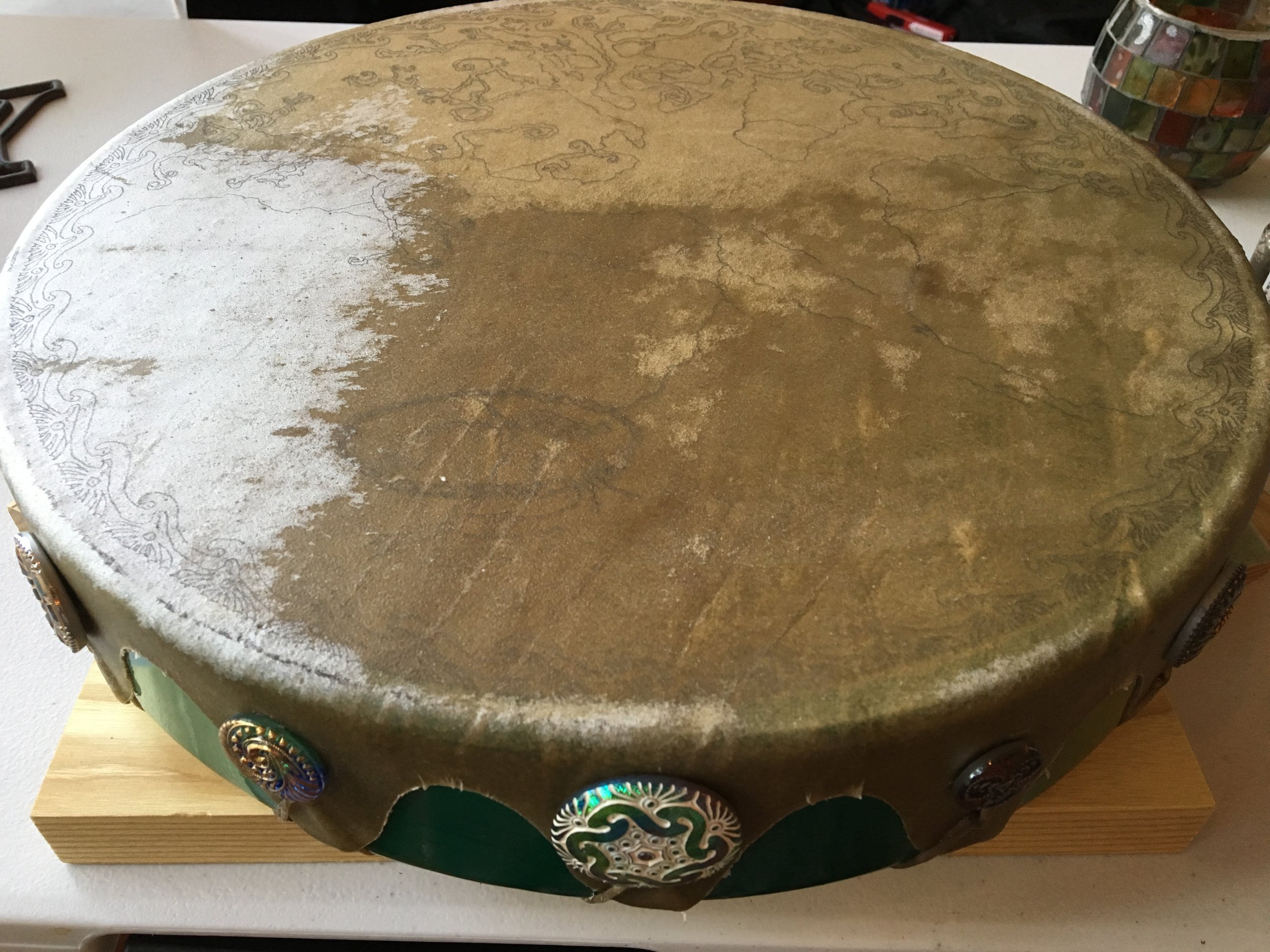 Jeannie's "Blessings of Brighid" drum, with design transferred to the Mesa. Next, is inking for the Mesa.