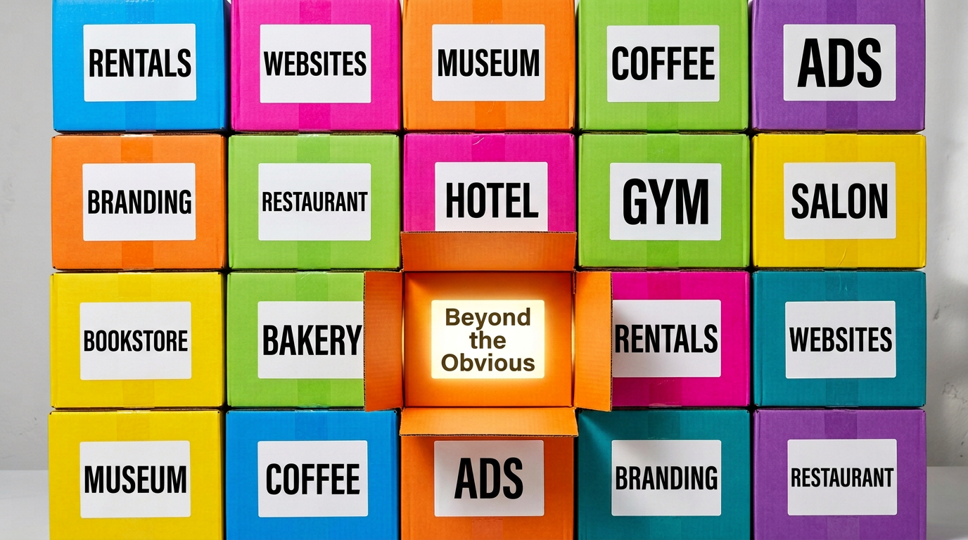 A bright grid of colorful boxes labeled with plain products like Rentals and Coffee, with one open box revealing the true business inside, An Exhale, showing how owners mislabel what they really sell