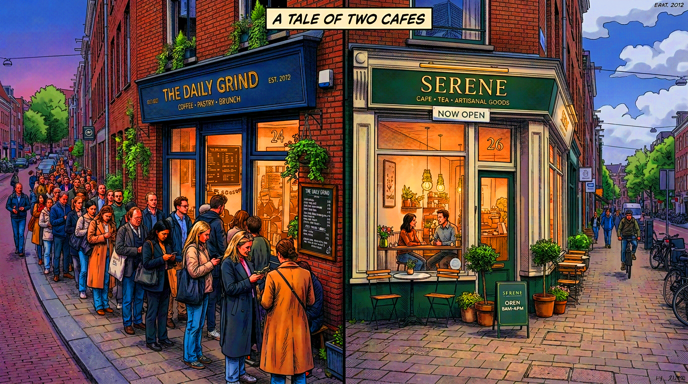 Two side-by-side storefronts, one with a long line and one empty, illustrating how being good doesn't guarantee being chosen