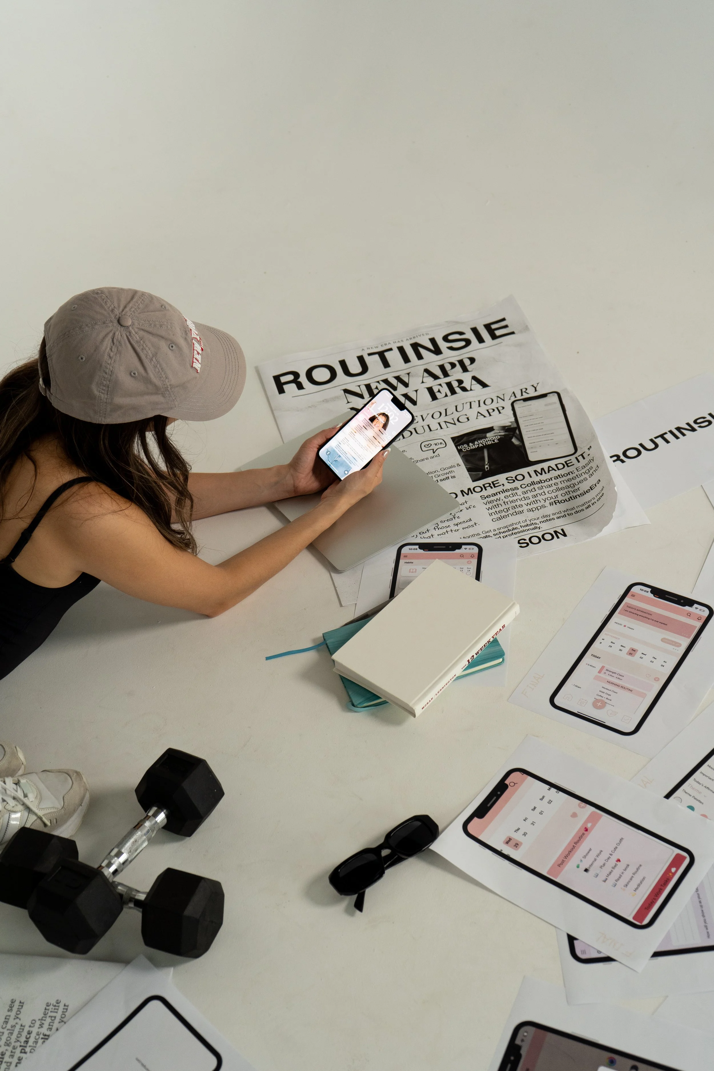 A woman with a beige cap, black tank top, and white sneakers sitting at a white table. She is looking at her phone, surrounded by printed screens of an app, a physical book, a pair of black sunglasses, a black dumbbell, and various papers including a