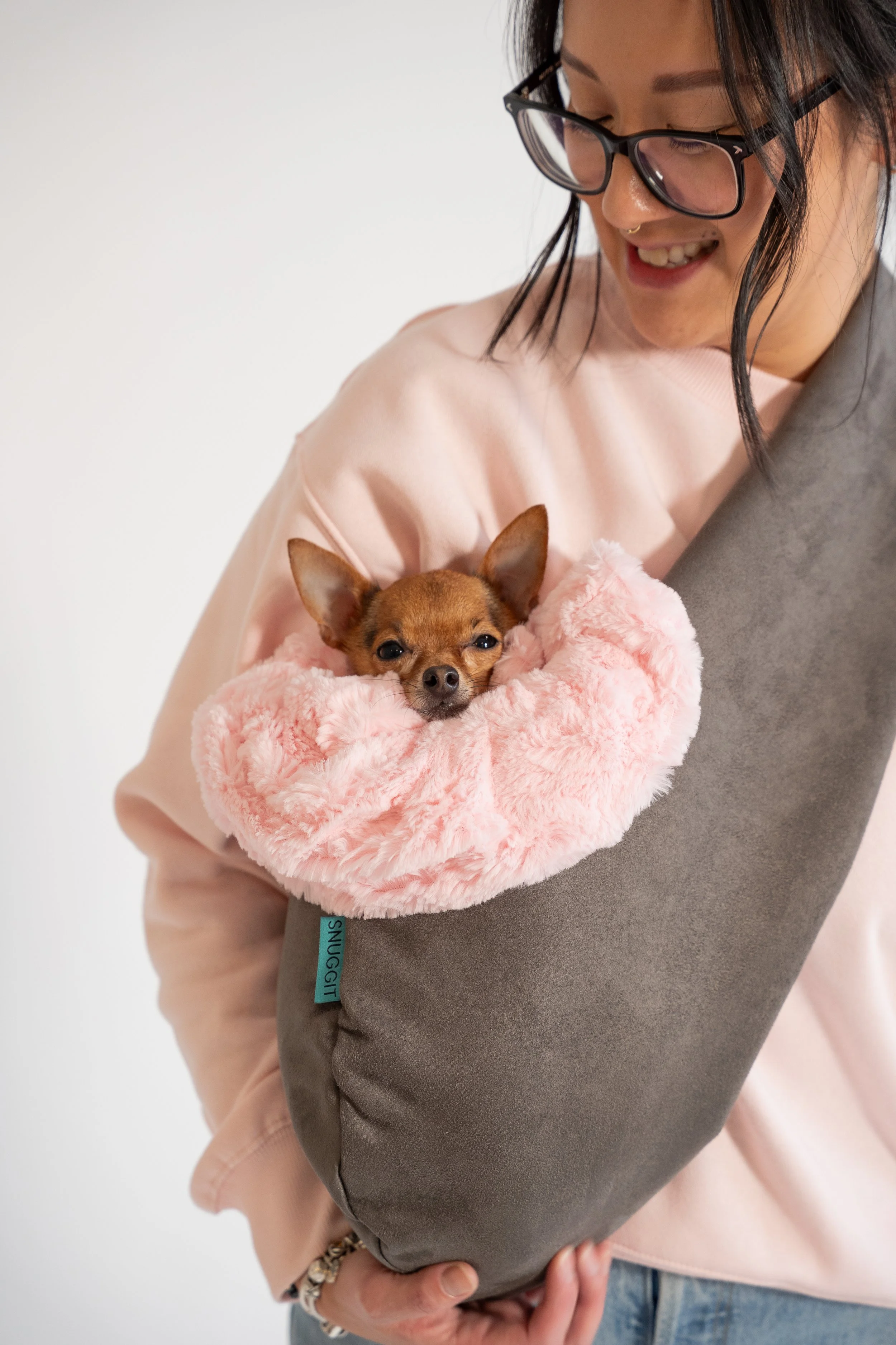 A woman holding a small Chihuahua puppy wrapped in a pink fuzzy blanket inside a gray pet carrier.