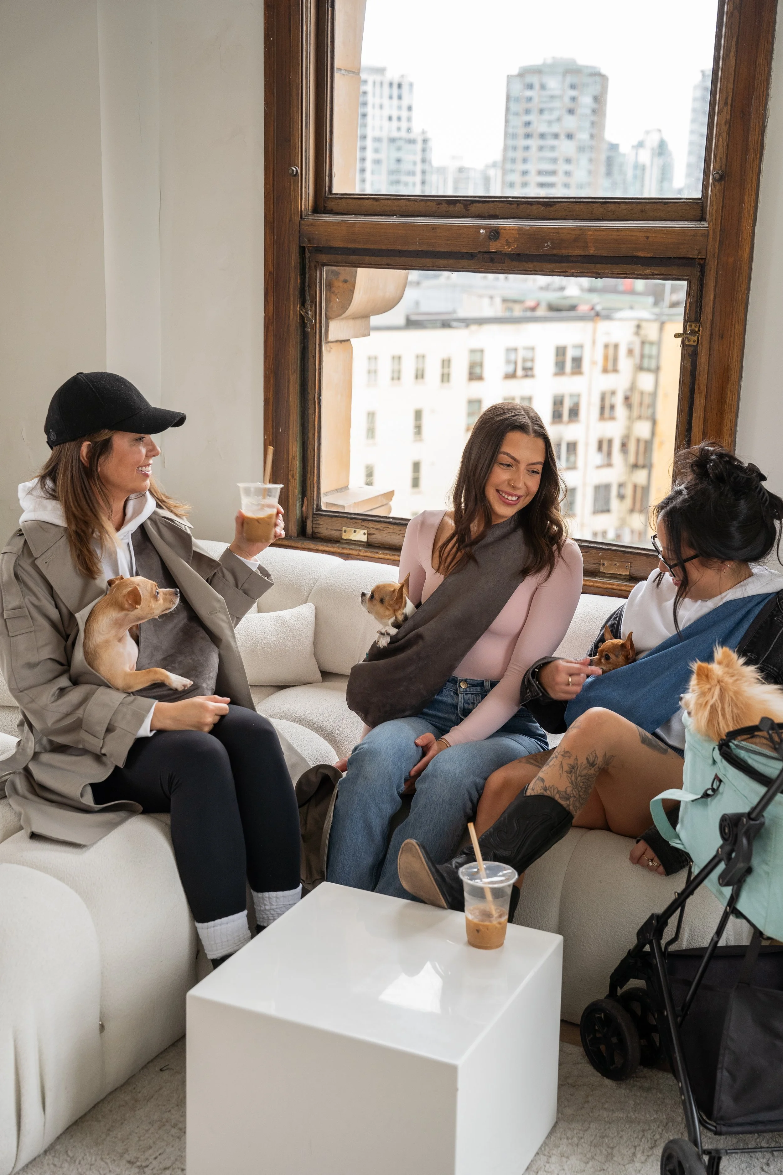 Three women sitting on a white sofa in a cozy indoor space with large open windows, each with a small dog. One woman is holding a drink, and they are smiling and talking, creating a warm, friendly atmosphere.