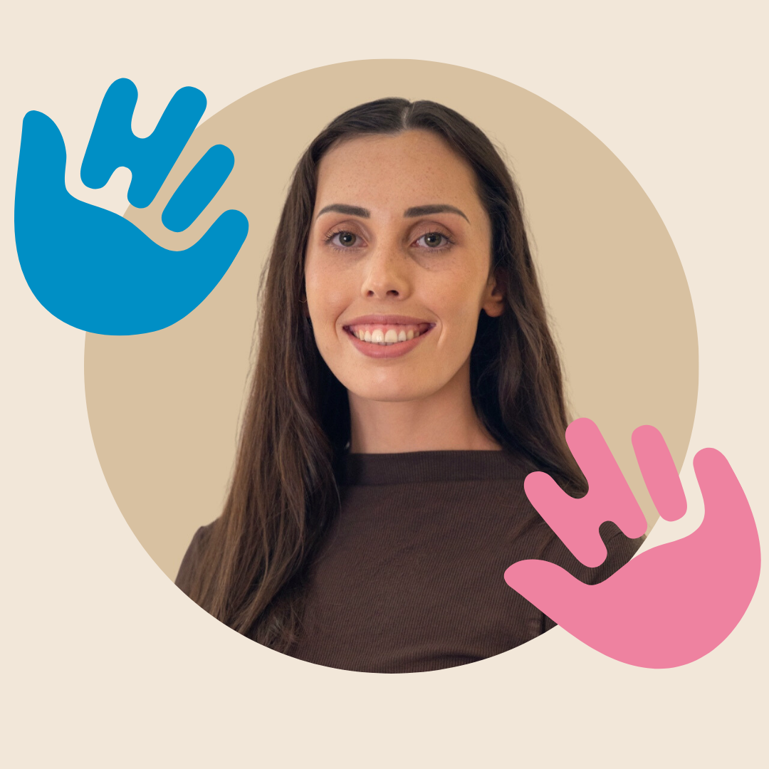 Smiling woman with long dark hair, surrounded by blue and pink hand icons on a light background.