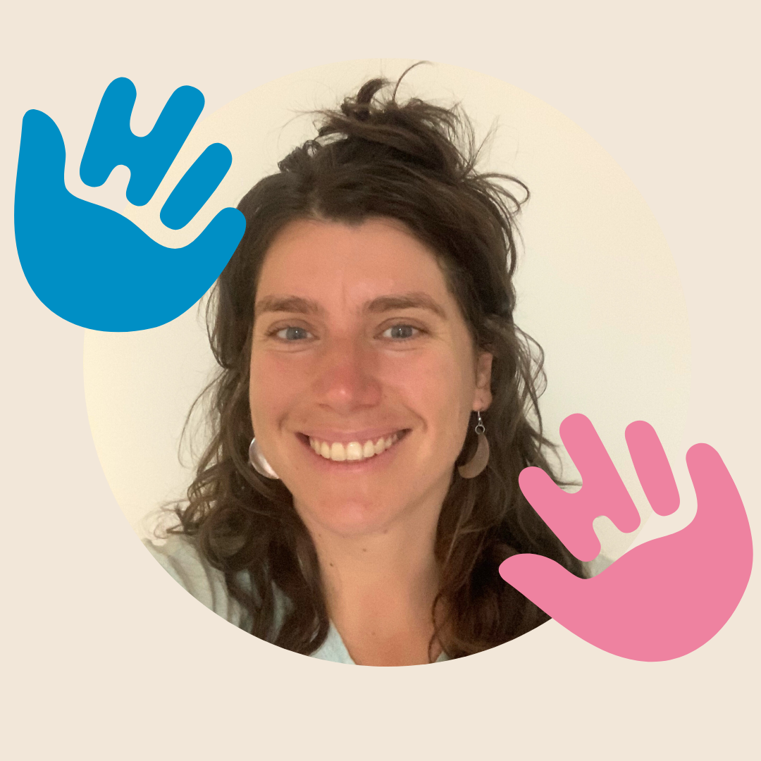 Person smiling with blue and pink hand shapes on the sides, set against a light background.