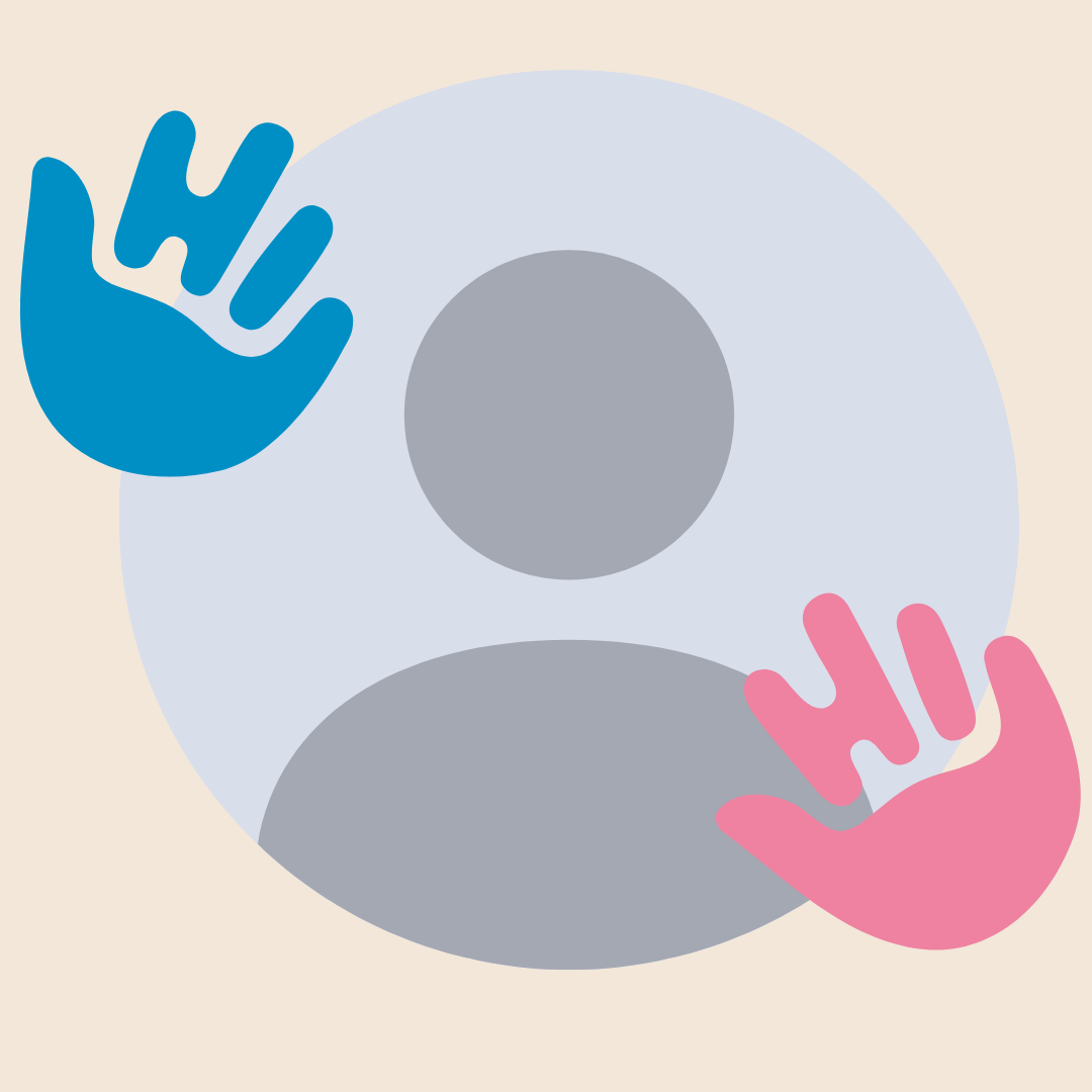 A woman with long red hair smiles warmly at the camera. She is centred inside a circular frame on a beige background, with a blue hand graphic on the left and a pink hand graphic on the right.